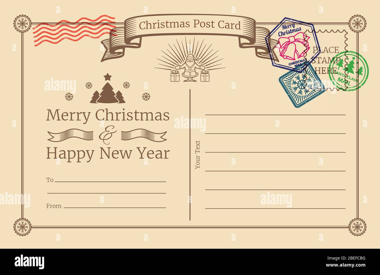 Carte postale de Noël ancienne vectorielle avec timbres du père noël. Illustration vierge de Noël et de la carte postale de la nouvelle année Illustration de Vecteur Carte postale de Noël ancienne vectorielle avec timbres du père noël. Illustration vierge de Noël et de la carte postale de la nouvelle année Illustration de Vecteur