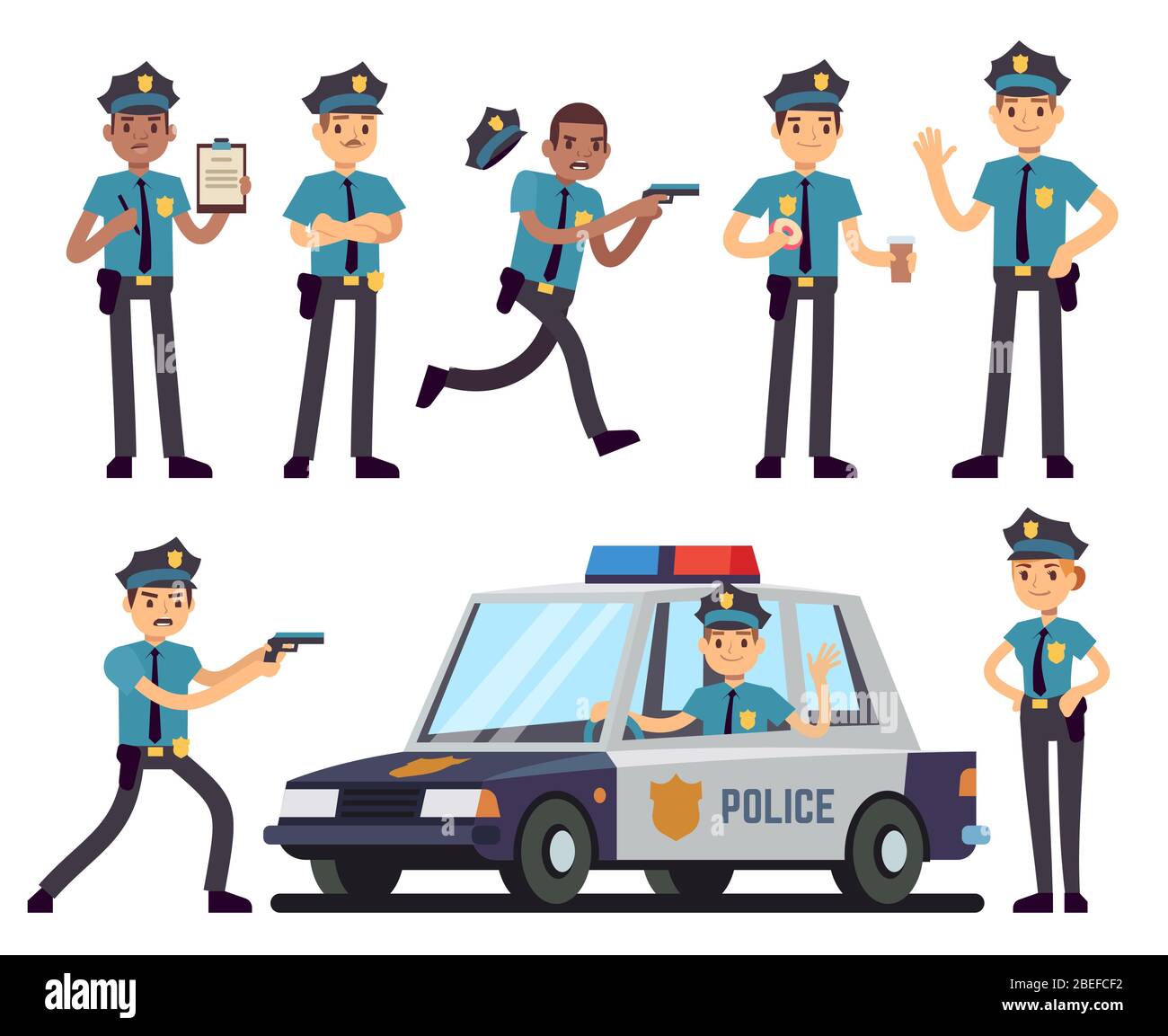 Personnages de caricature policière et policier dans un ensemble de vecteurs uniformes de police. Personnage de policier, cop dans l'illustration du chapeau Illustration de Vecteur