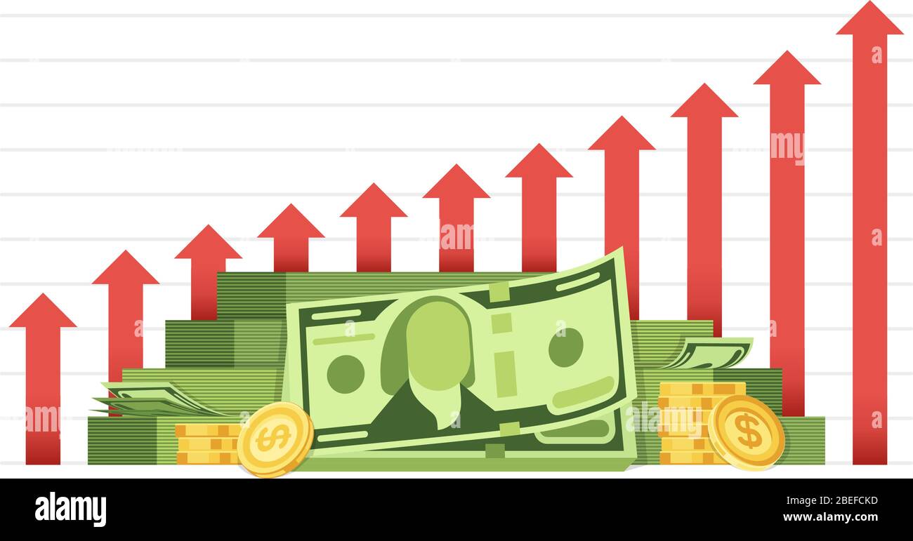 Graphique commercial croissant avec pile de monnaie argent argent argent argent argent argent argent scénario financier. Illustration de l'organigramme de l'argent comptant, des affaires, du financement de la croissance Illustration de Vecteur