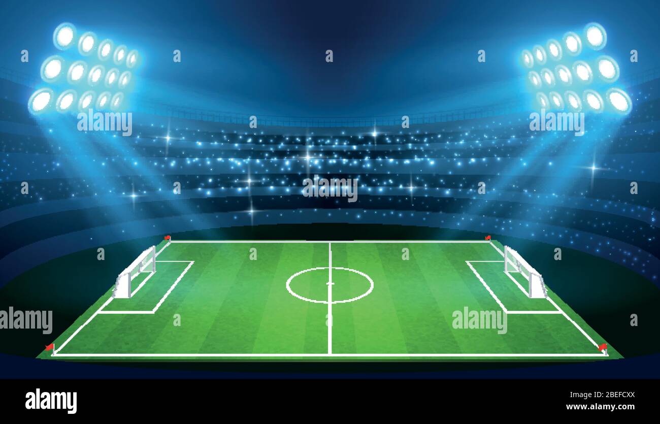 Stade de football avec terrain de football vide et illustration vectorielle de spots. Stade de football avec champ vert vide Illustration de Vecteur