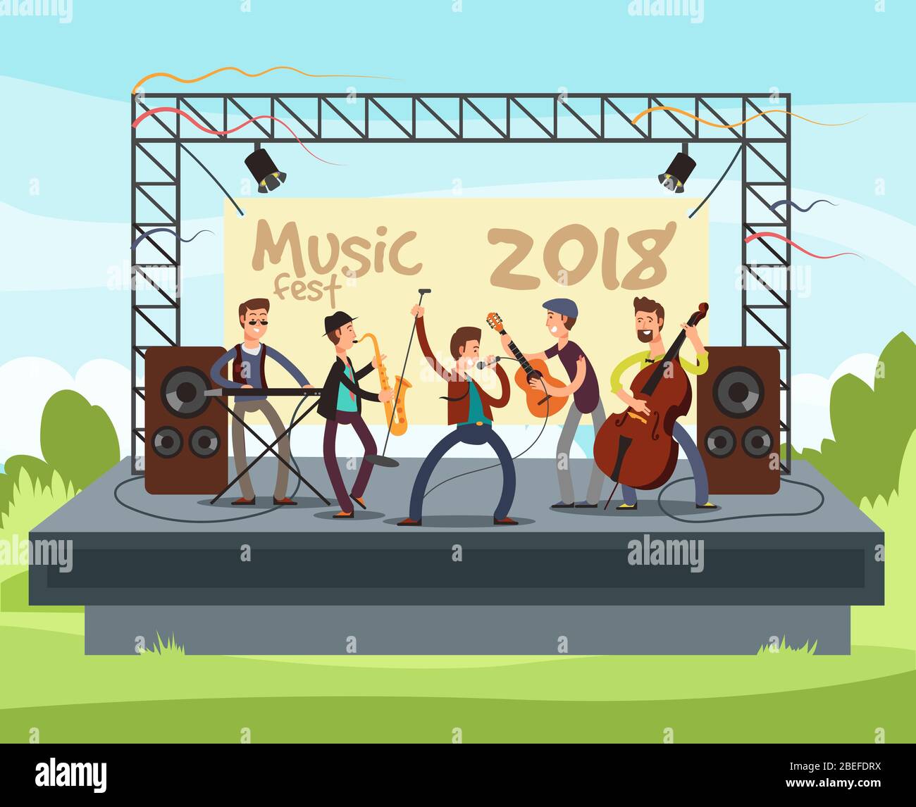 Concert de festival d'été en plein air avec musique pop jouant de la musique en plein air sur scène illustration vectorielle. Musicien de performance avec instrument, jouer à la musique Illustration de Vecteur