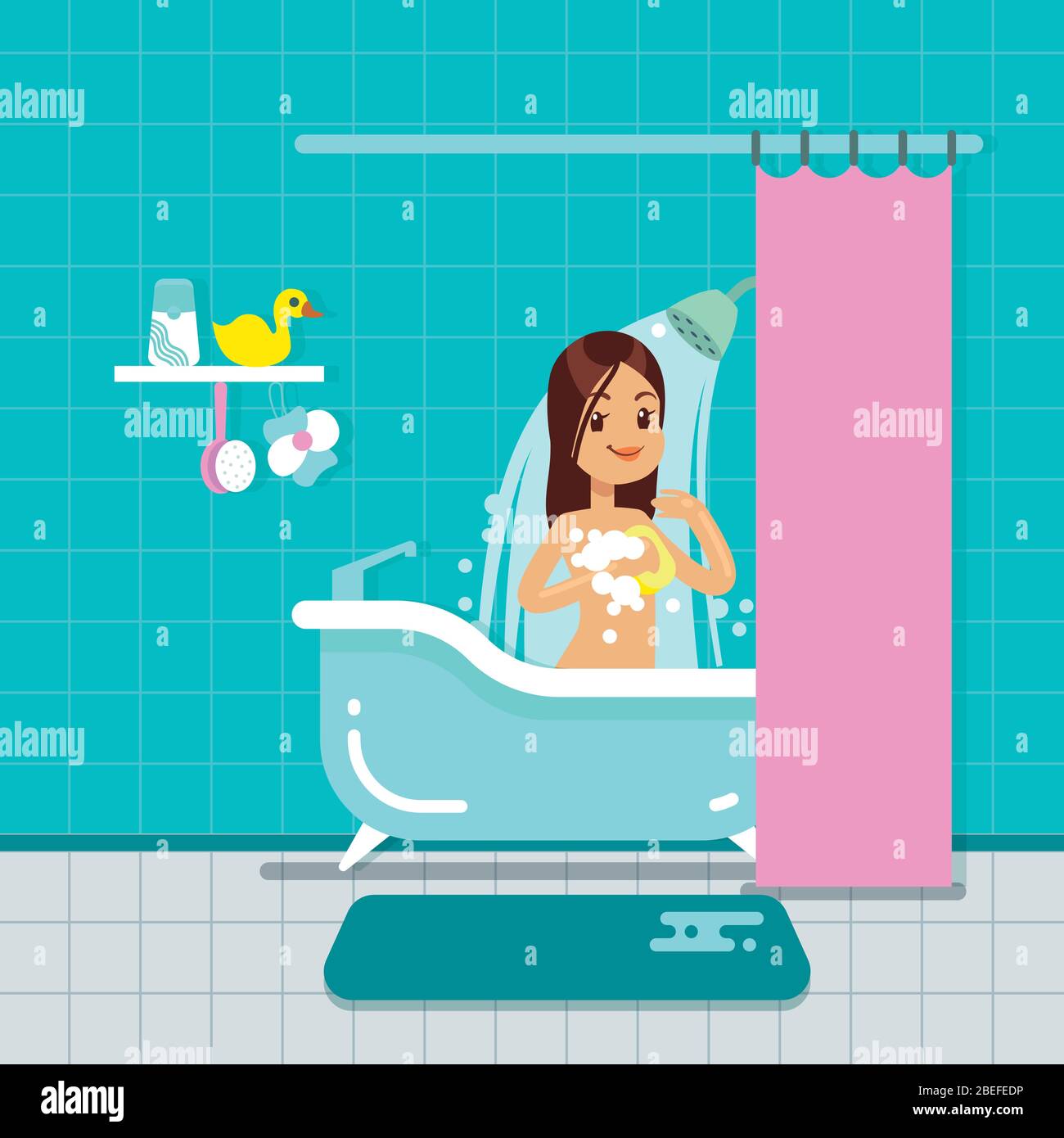 Jeune Fille Dans La Salle De Bains Intérieur Avec Douche Illustration Vectorielle De Bain 