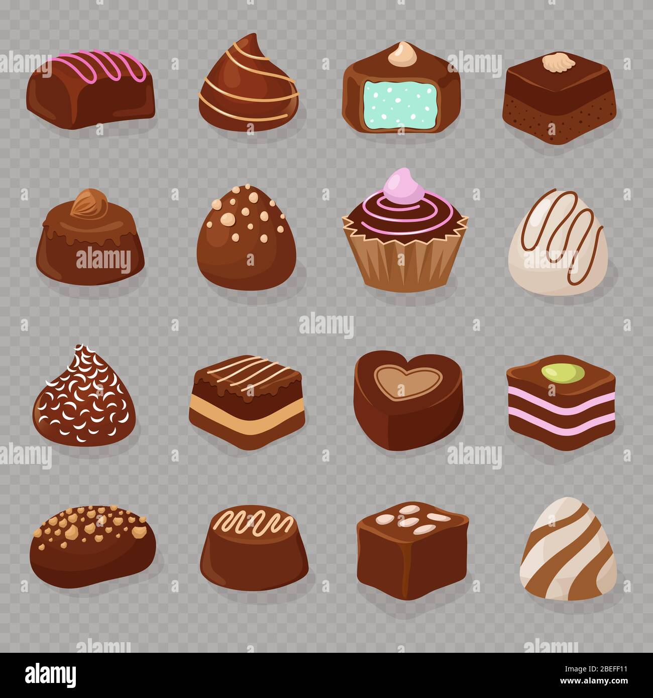 Desserts et bonbons au chocolat de dessin animé isolés sur fond transparent. Illustration vectorielle Illustration de Vecteur