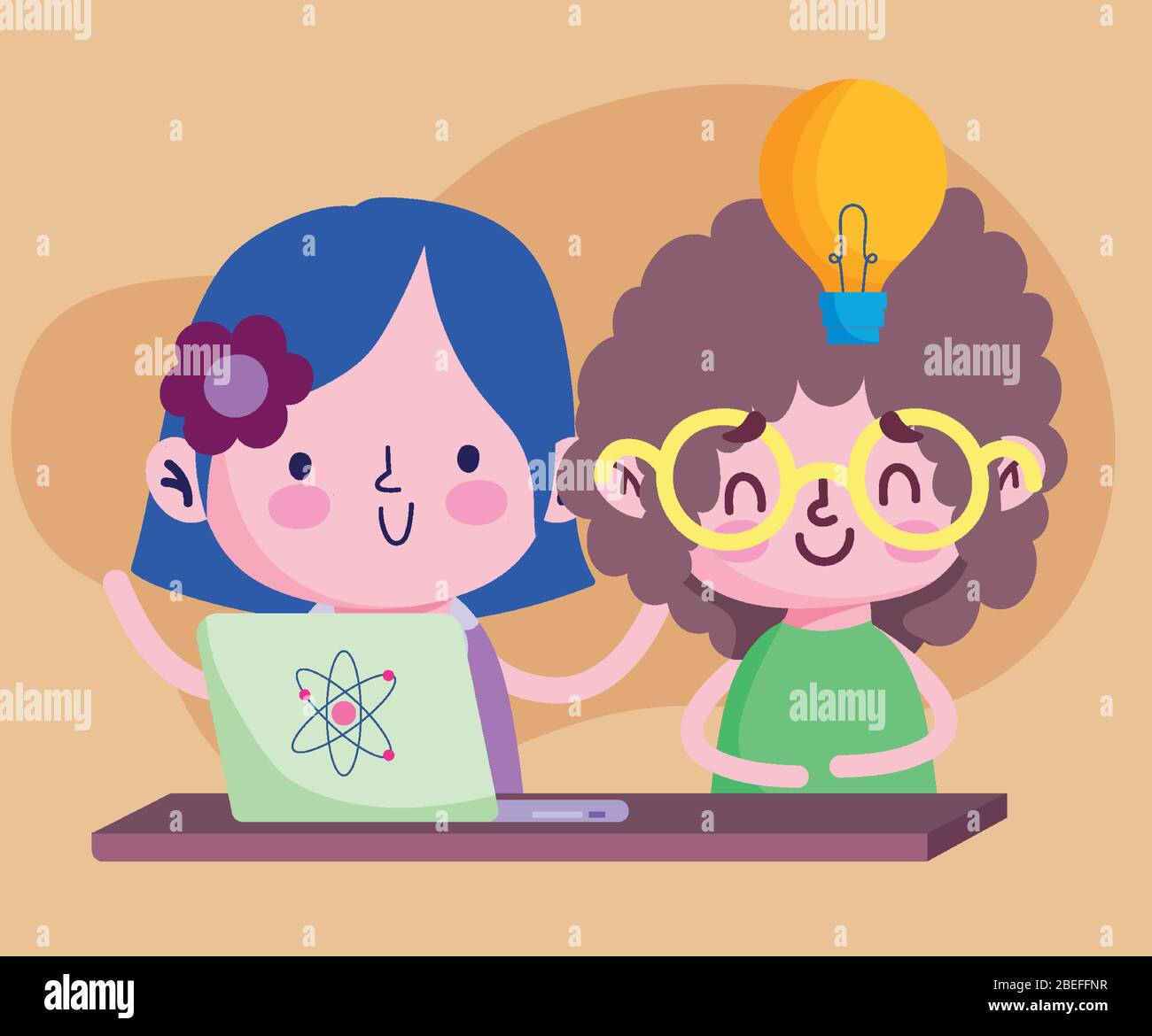 éducation en ligne, jeune fille et garçon étudiant avec ordinateur portable étude illustration vectorielle de dessin animé Illustration de Vecteur