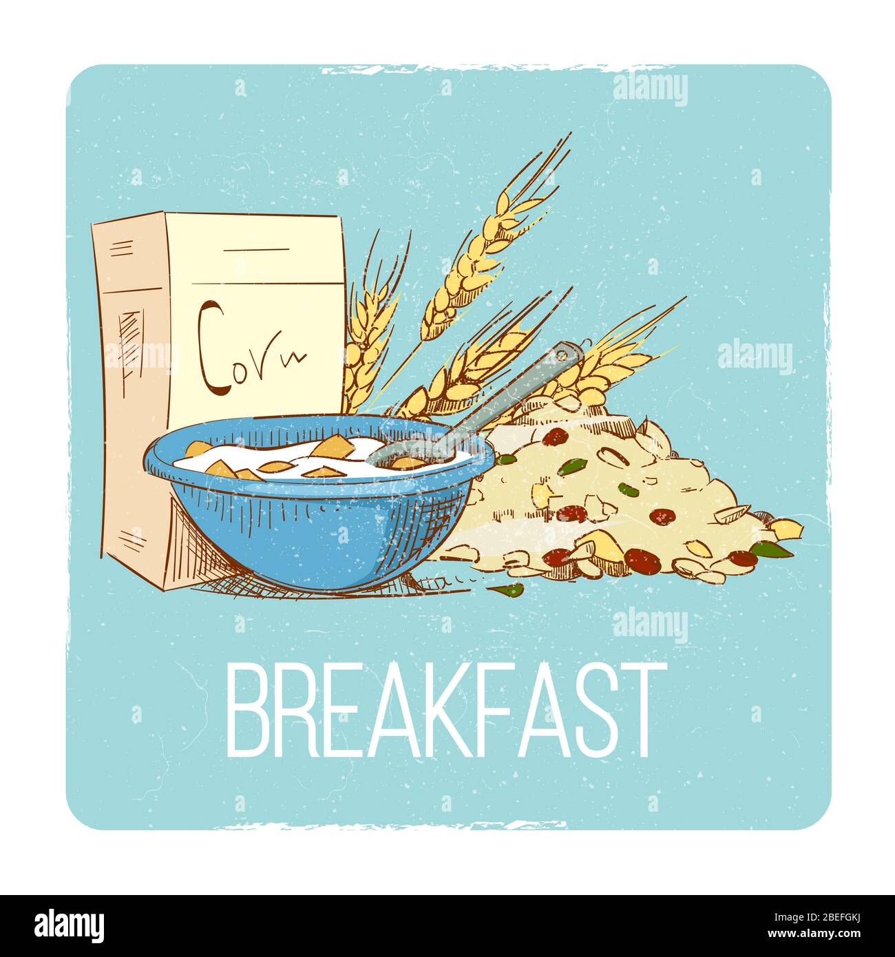Concept de petit déjeuner sain - céréales de porc tracées à la main muesli de blé sur fond grunge. Illustration vectorielle Illustration de Vecteur