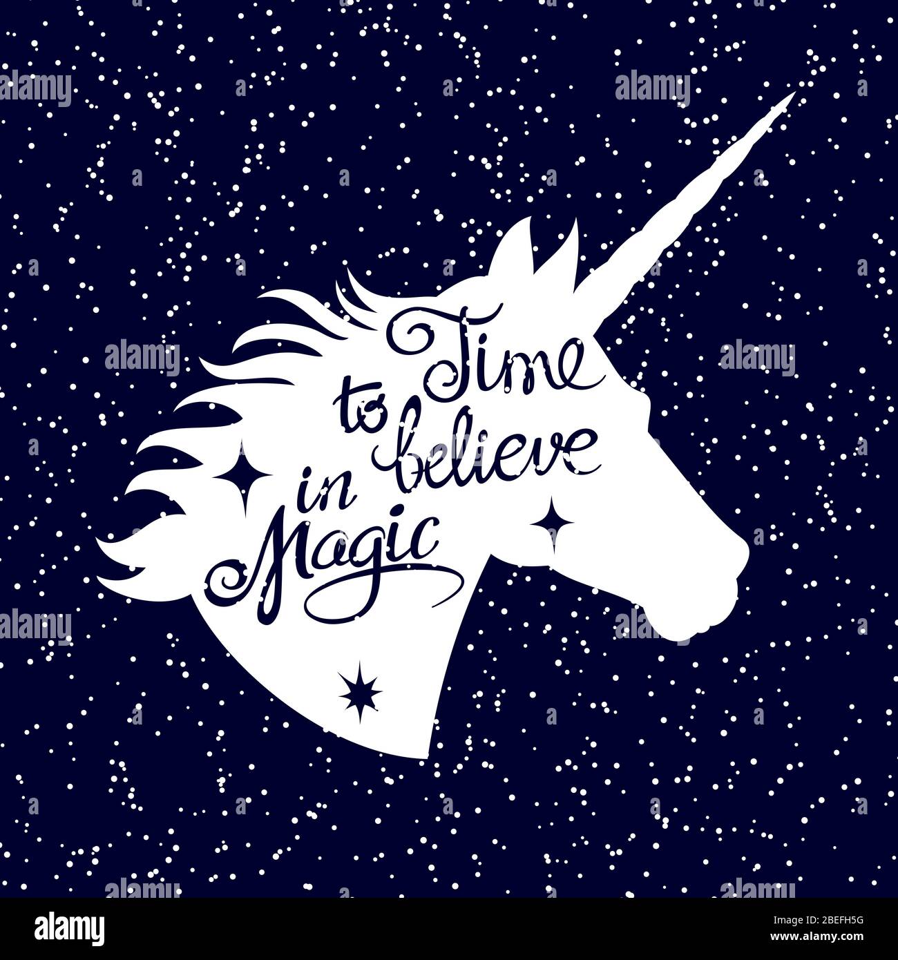Tête de silhouette unicorn inspirée sur fond de neige. Silhouette de tête magique Vector unicorn, imagination de rêve et illustration de lettrage inspirante Illustration de Vecteur