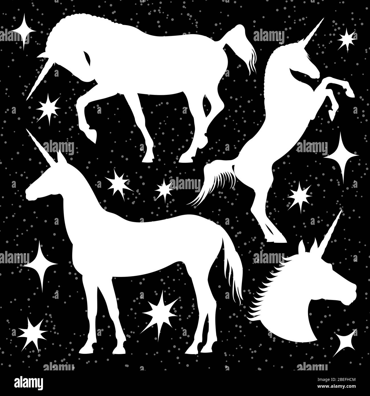 Silhouettes licorne blanches avec étoiles sur fond noir. Cheval unicorn vectoriel, illustration noire d'animal magique vectoriel Illustration de Vecteur