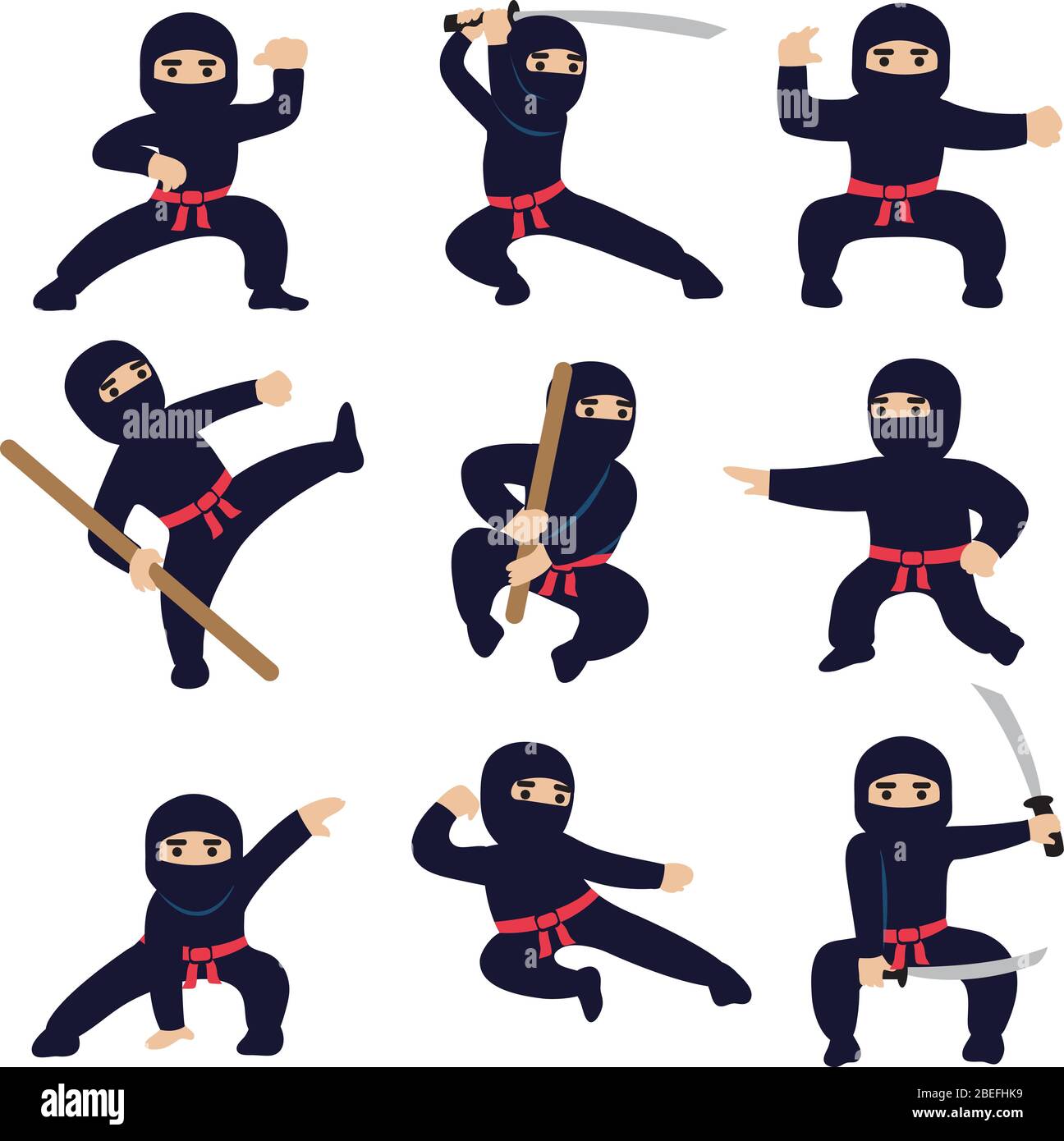 Caricature des guerriers rigoles. Caractères vectoriels Ninja ou samouraï. Guerrier Ninja samouraï en masque avec illustration d'arme d'épée Illustration de Vecteur
