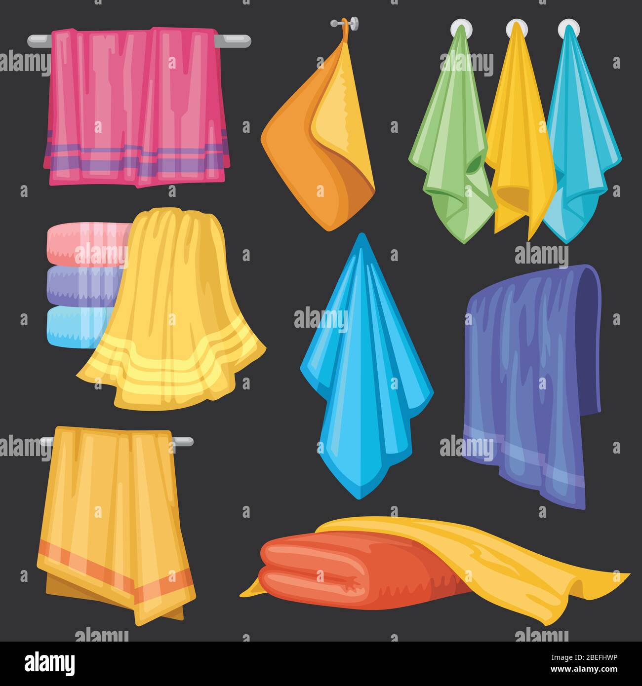 Cuisine et bain pendants et serviettes pliantes ensemble vectoriel isolé. Serviettes en tissu pour la salle de bain et l'illustration de la plage Illustration de Vecteur