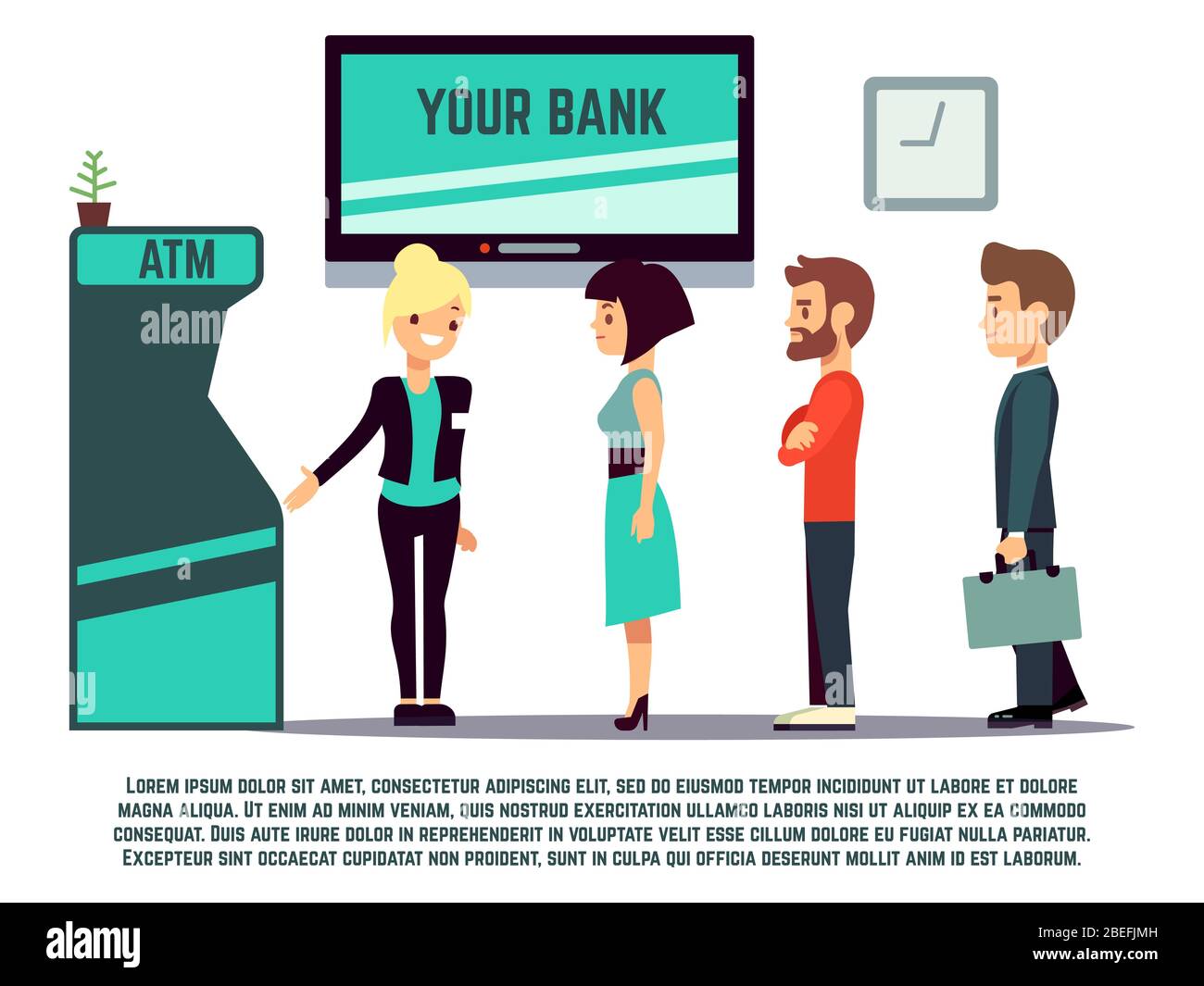 File d'attente ATM avec conseiller bancaire - concept de service bancaire. Illustration vectorielle Illustration de Vecteur File d'attente ATM avec conseiller bancaire - concept de service bancaire. Illustration vectorielle Illustration de Vecteur