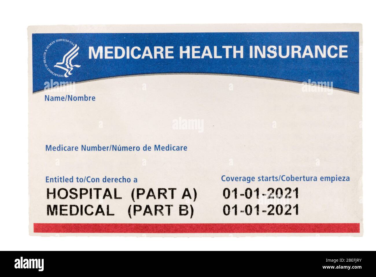 Carte d'assurance médicale américaine vierge et vide non remplie isolée sur fond blanc Banque D'Images
