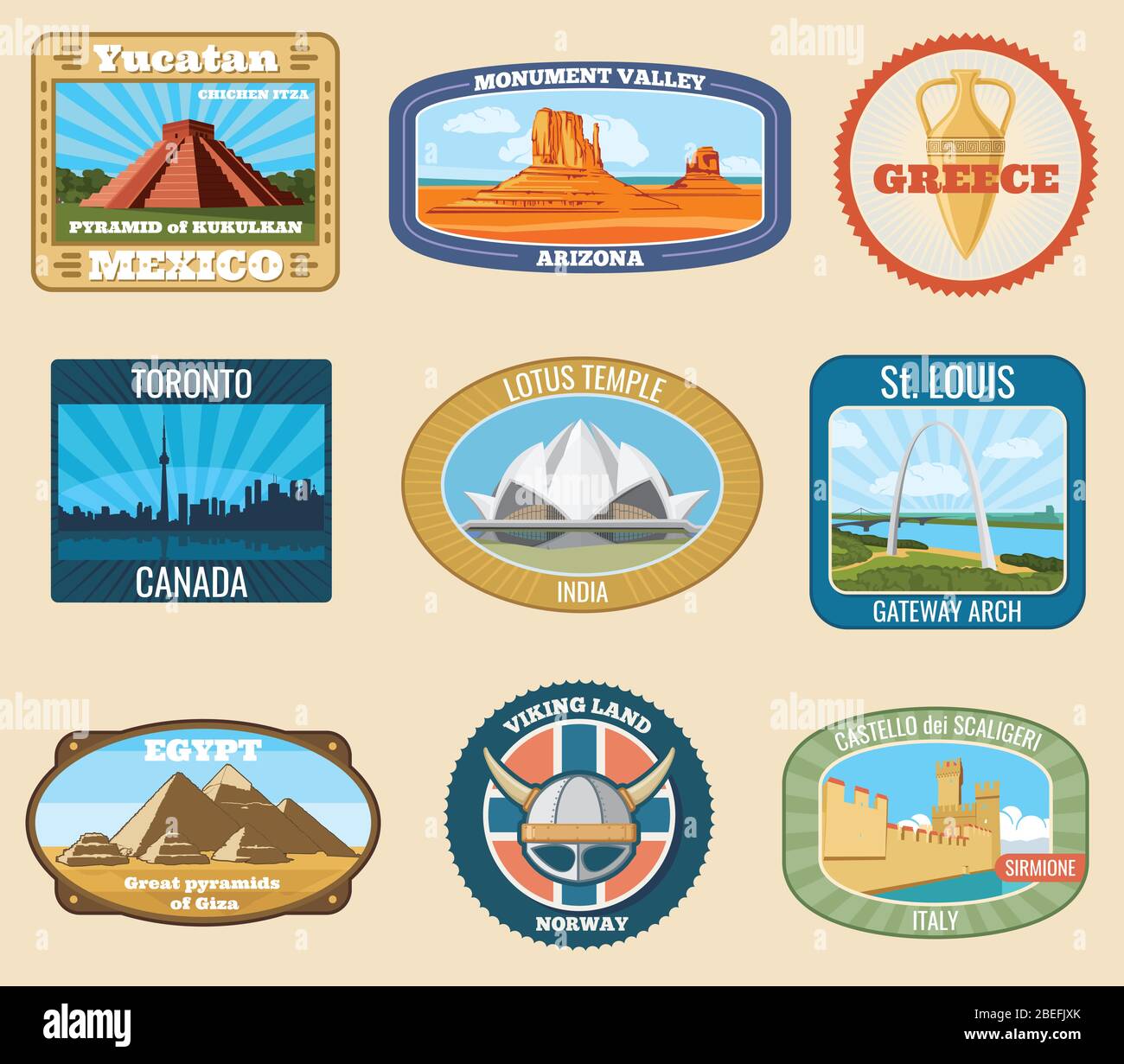 Des sites internationaux célèbres vectoriels vintage stickers voyage. Célèbre monument pour le tourisme et l'illustration de voyage Illustration de Vecteur