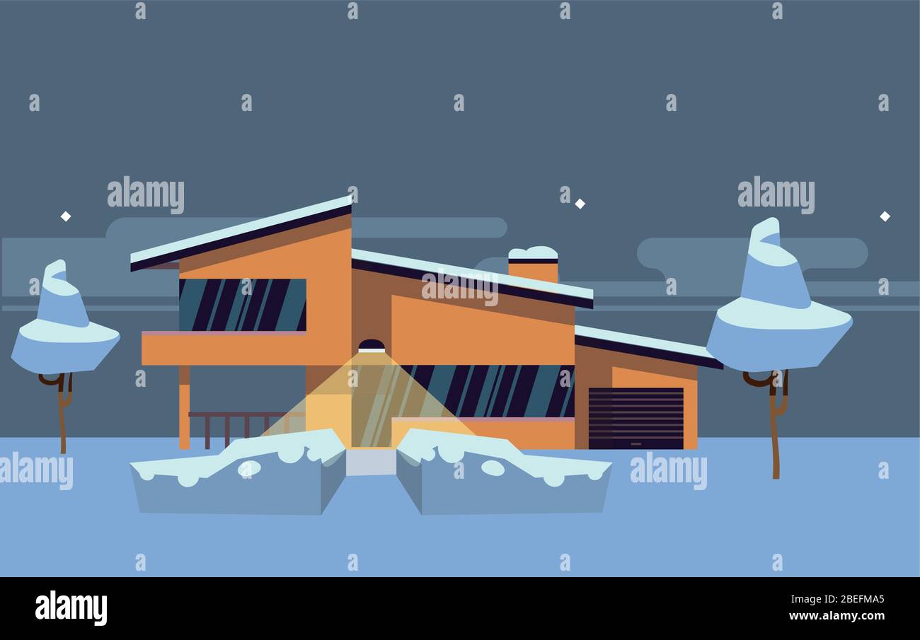 Illustration vectorielle plate maison de campagne d'hiver. Maison moderne orange avec éclairage de rue. Maison dans la neige Illustration de Vecteur