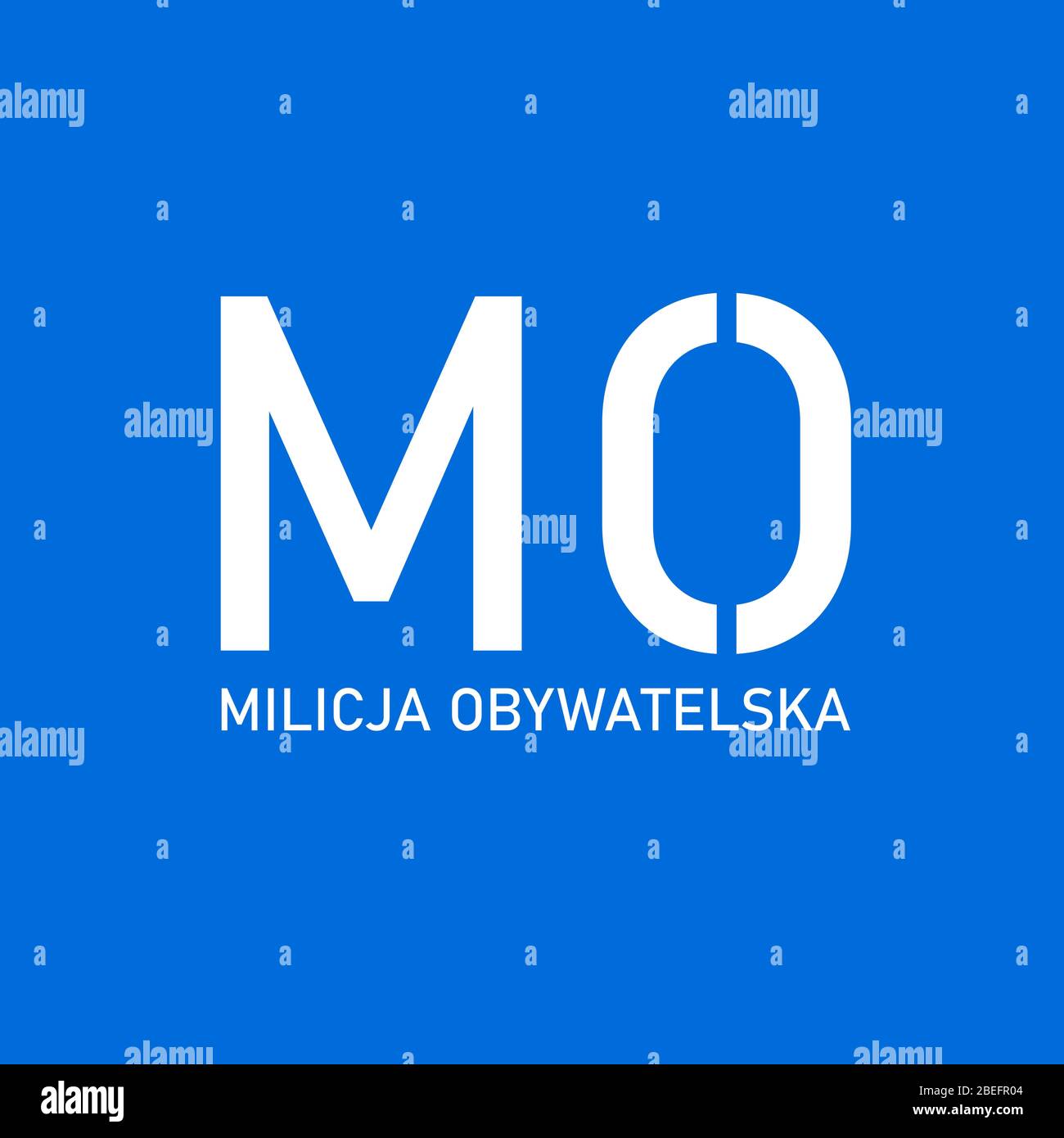 Illustration du logo Mo – Citizens Militia. Texte blanc sur fond bleu. Logo utilisé pendant l'ère du communisme en Pologne par la police polonaise. Banque D'Images