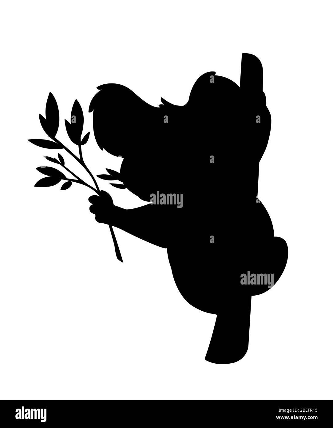 Silhouette noire l'ours koala s'assoit sur la branche de bois et manger des feuilles de dessin animé animal dessin plate illustration vectorielle isolée sur fond blanc Illustration de Vecteur