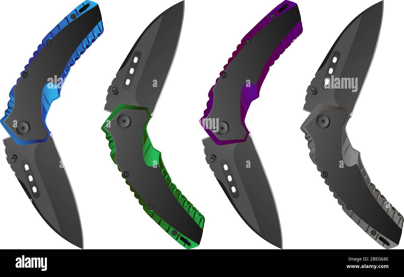 Illustration de quatre couteaux pliants réalistes isolés en bleu, vert, violet et gris Illustration de Vecteur
