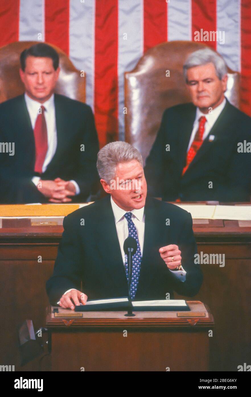 WASHINGTON, DC, USA, 4 FÉVRIER 1997: Le Président Bill Clinton, Etat de l'Union Discours avant la session conjointe du Congrès. Banque D'Images