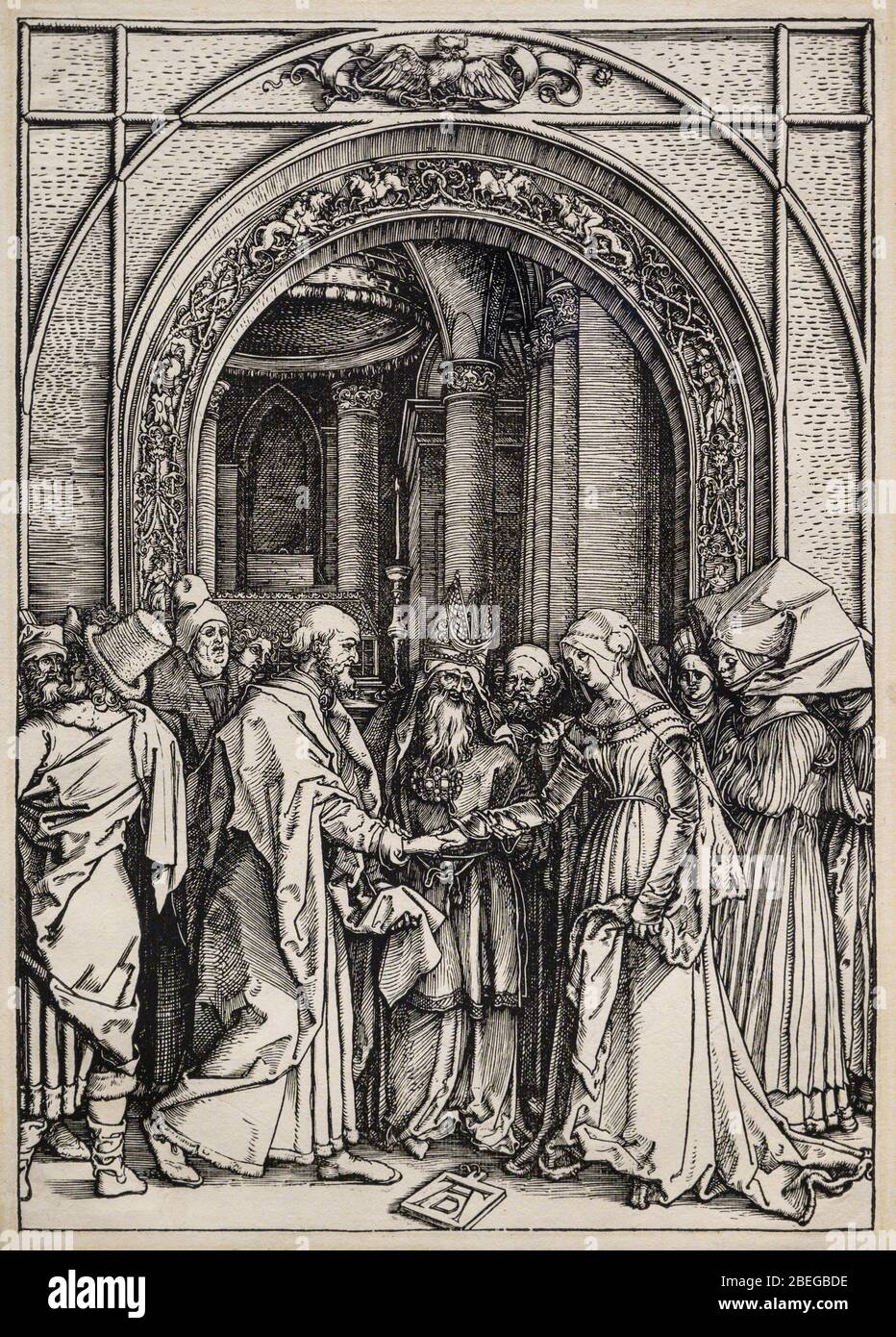 Le Betrothal de la Vierge (c. 1504) par Albrecht Dürer (1471 – 1528). Coupe de bois. Banque D'Images Le Betrothal de la Vierge (c. 1504) par Albrecht Dürer (1471 – 1528). Coupe de bois. Banque D'Images