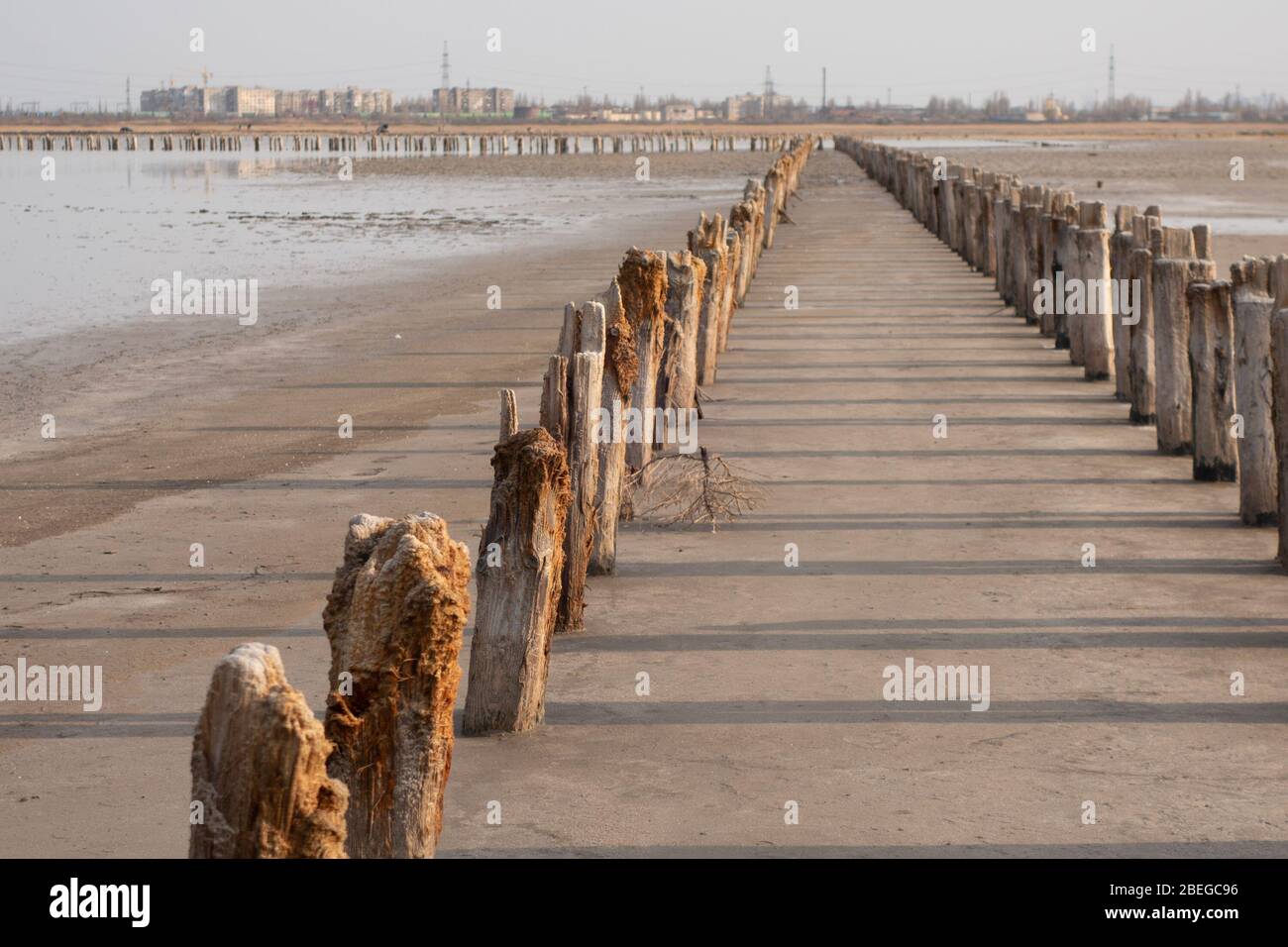 Les vestiges d'un ancien quai. Les grumes vieillies s'encollent de sable au fond d'un réservoir sec. Banque D'Images