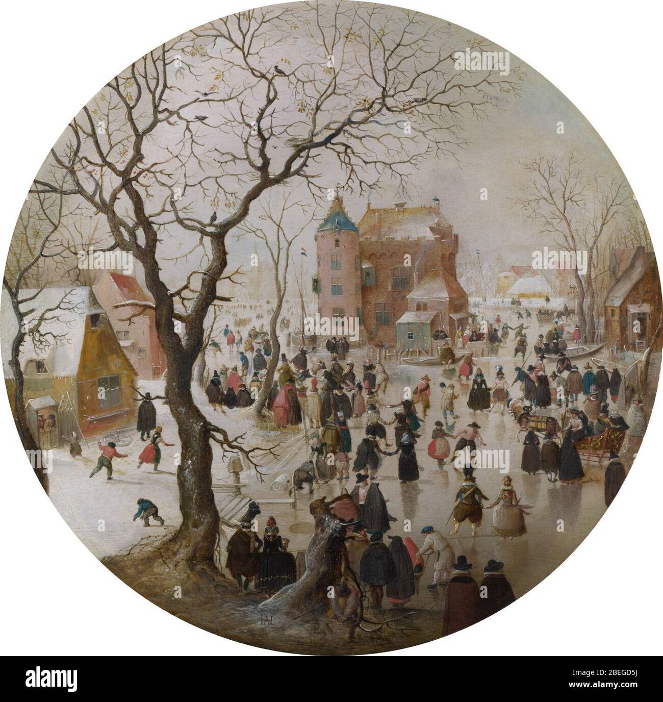 Hendrick Averkamp une scène d'hiver avec des patineurs près d'un château. Banque D'Images