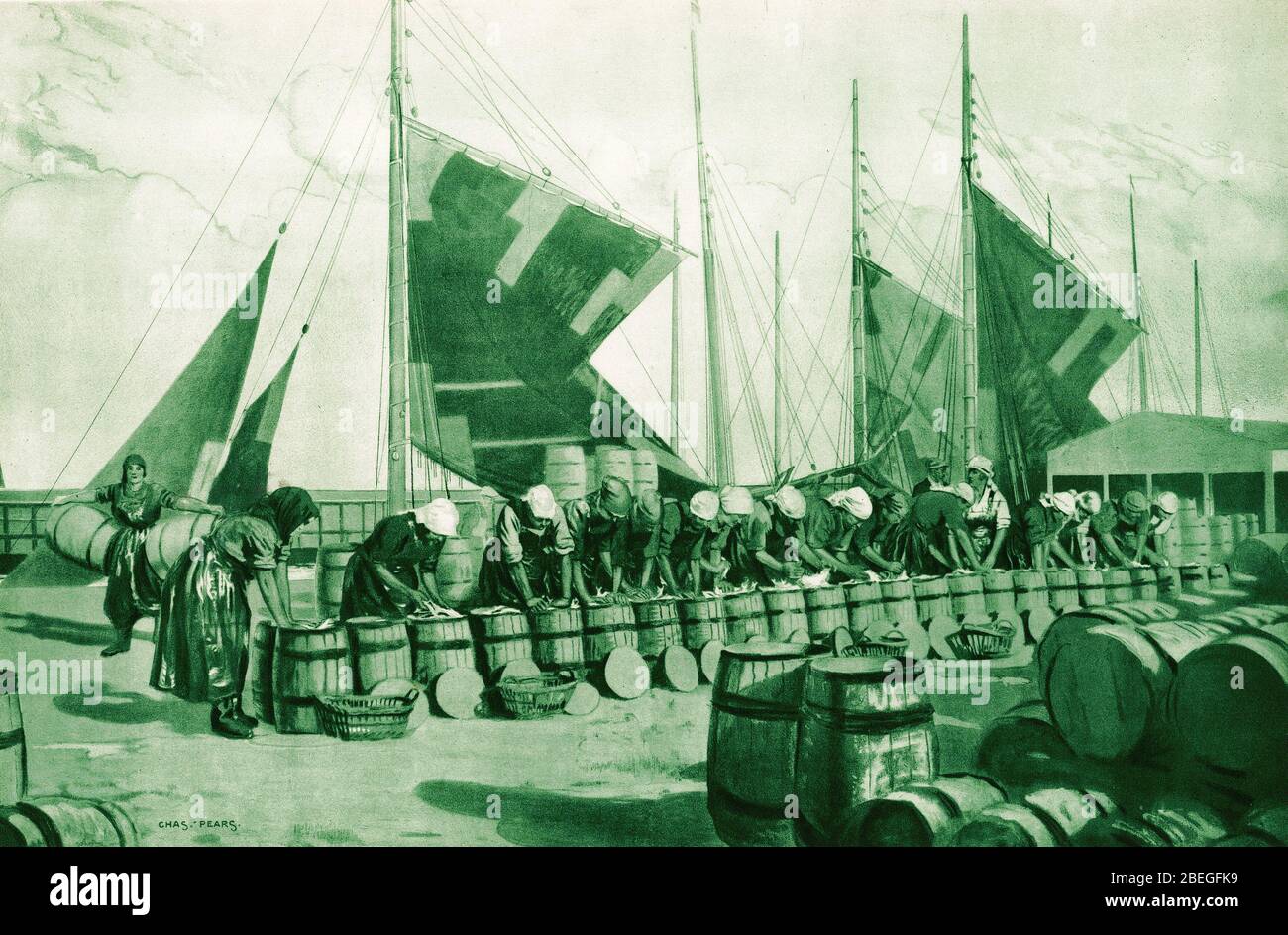 illustration des femmes qui emparent des harengs dans des barils, à partir d'un ensemble d'affiches scolaires utilisées pour des études sociales, c 1930 Banque D'Images