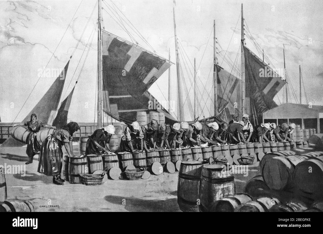 illustration des femmes qui emparent des harengs dans des barils, à partir d'un ensemble d'affiches scolaires utilisées pour des études sociales, c 1930 Banque D'Images