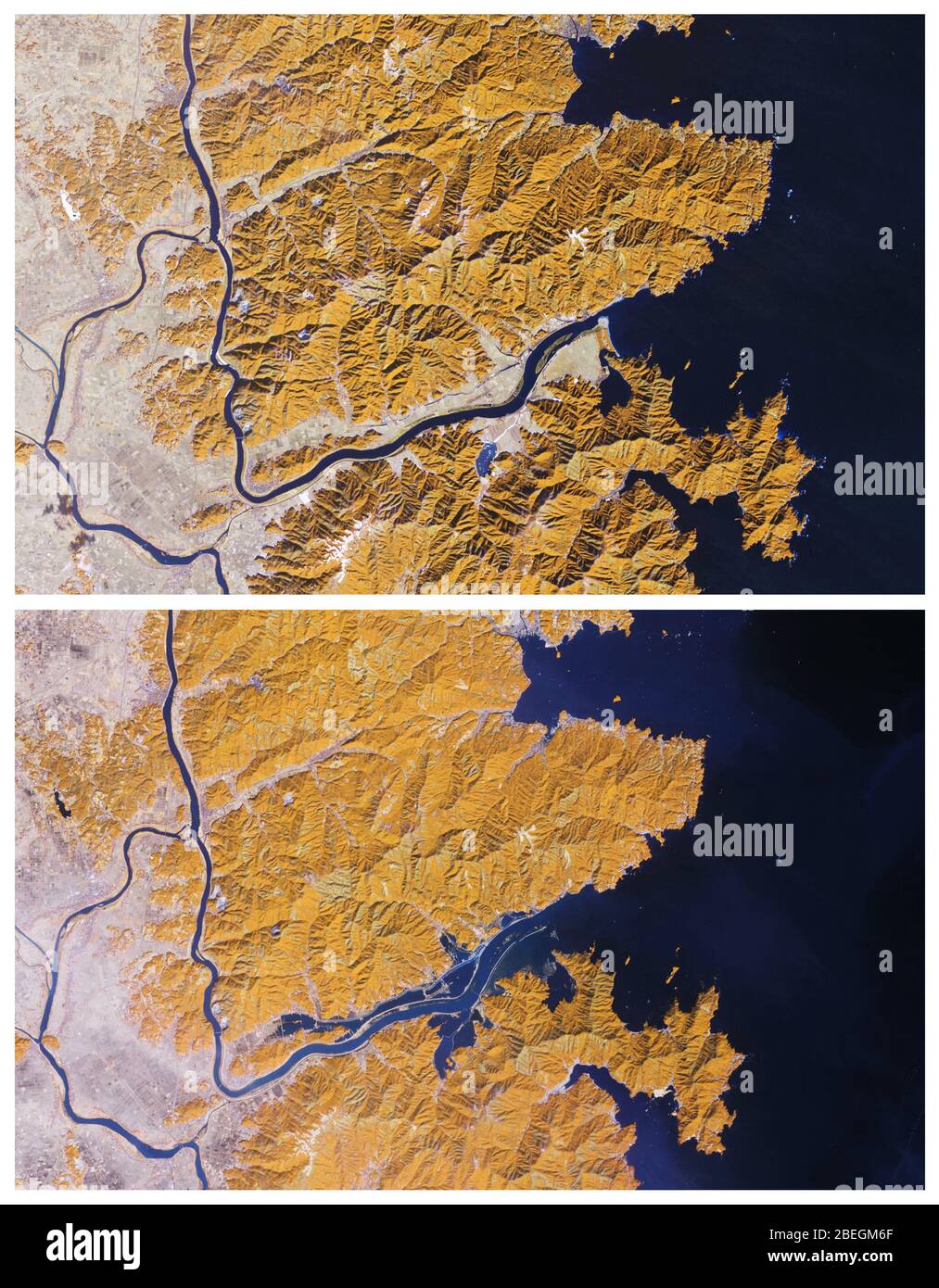 Le fleuve Kitakami au Japon avant et après le tsunami de 2011 Banque D'Images