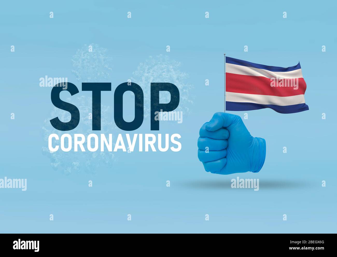 COVID-19 concept visuel - texte-main Stop Coronavirus, geste de la main contre infection virale, poing serré est drapeau du Costa Rica. Pandémie tridimensionnelle Banque D'Images