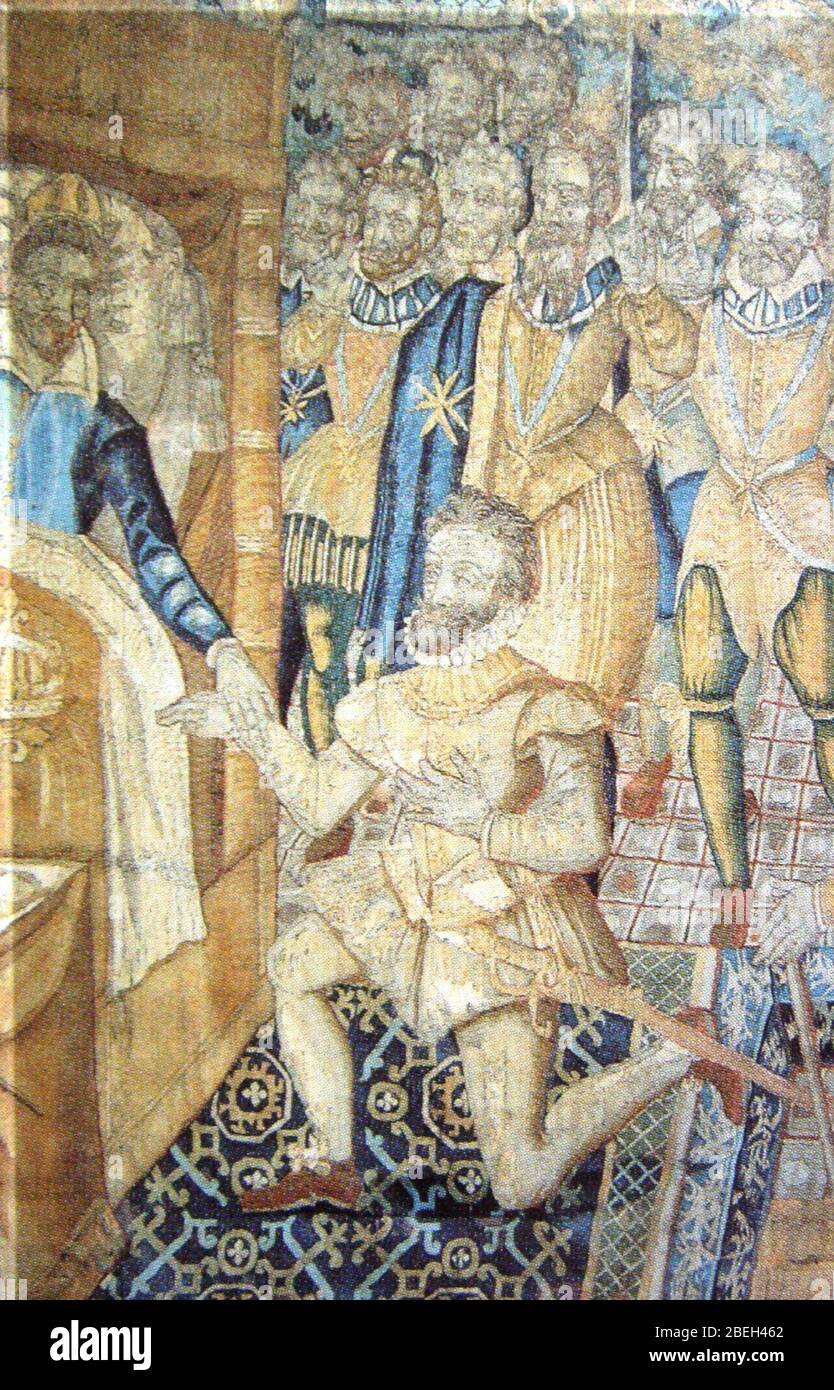 Henry III sur son lit de mort désignant Henri de Navarre comme son successeur. Banque D'Images