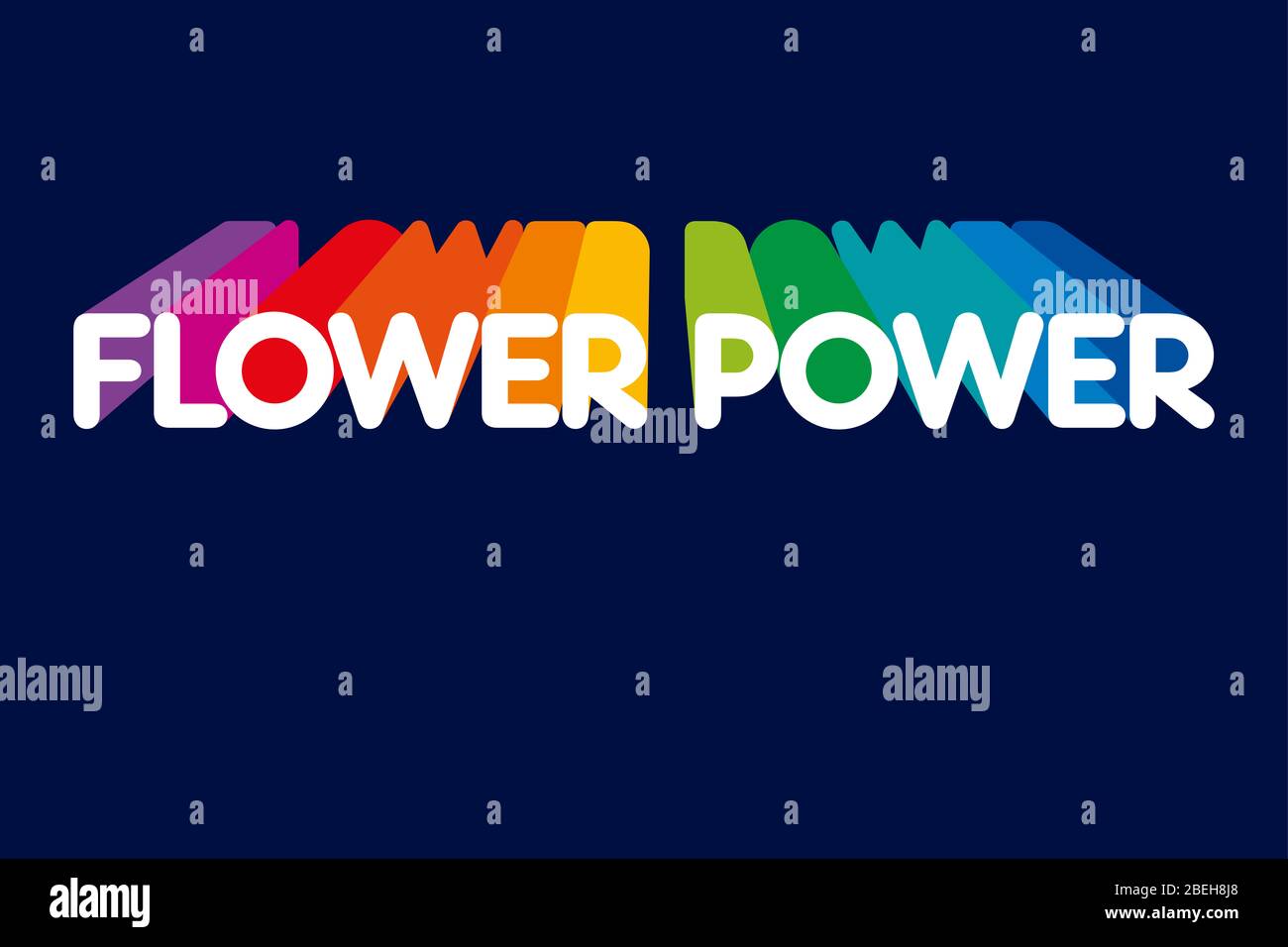 Lettrage Flower Power avec des ombres pointant dans les couleurs arc-en-ciel. Slogan utilisé dans les années 60 et 70 comme symbole de résistance passive. Banque D'Images