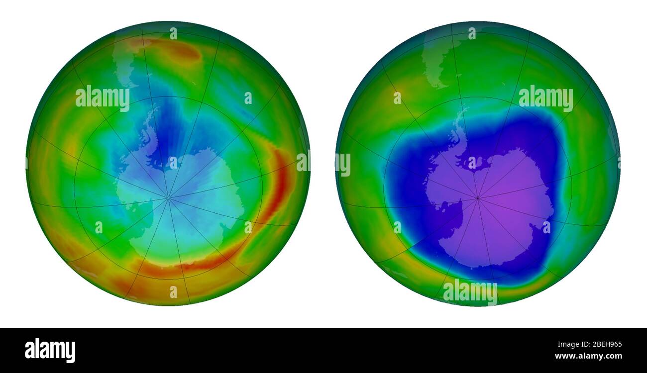 Trou d'ozone Antarctique, 1979 et 2015 Banque D'Images