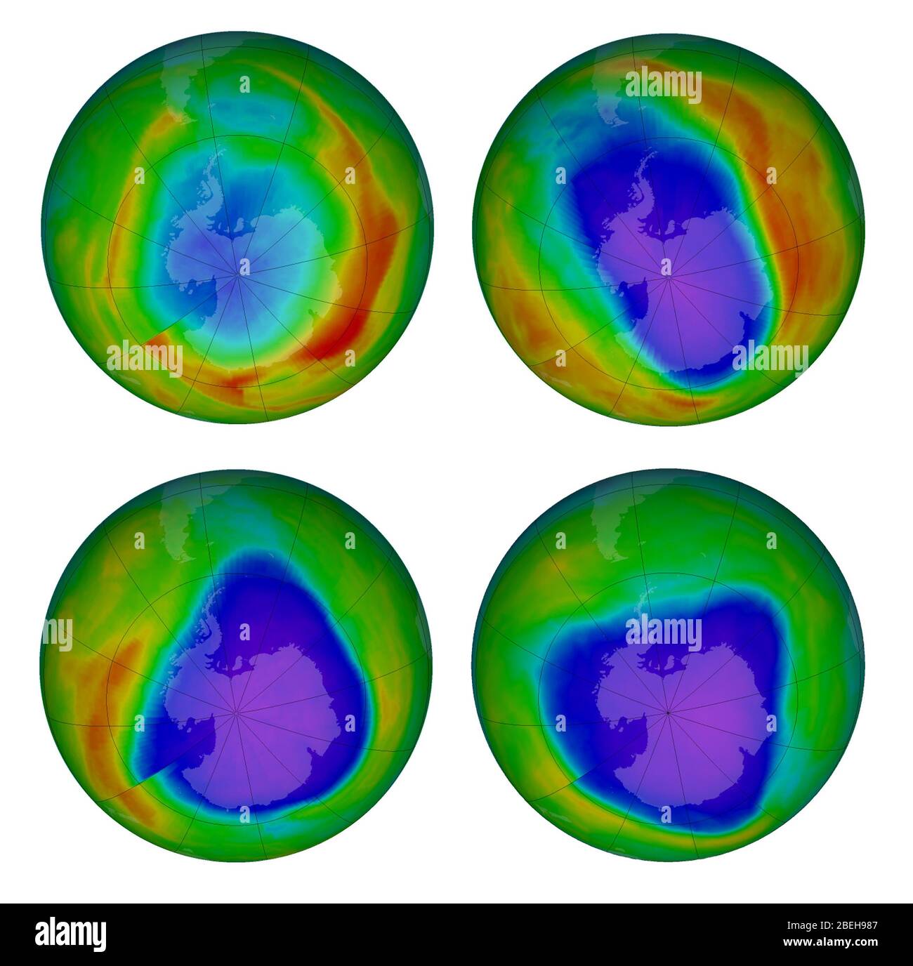 Trou d'ozone dans l'Antarctique, 1980, 1990, 2000 et 2015 Banque D'Images