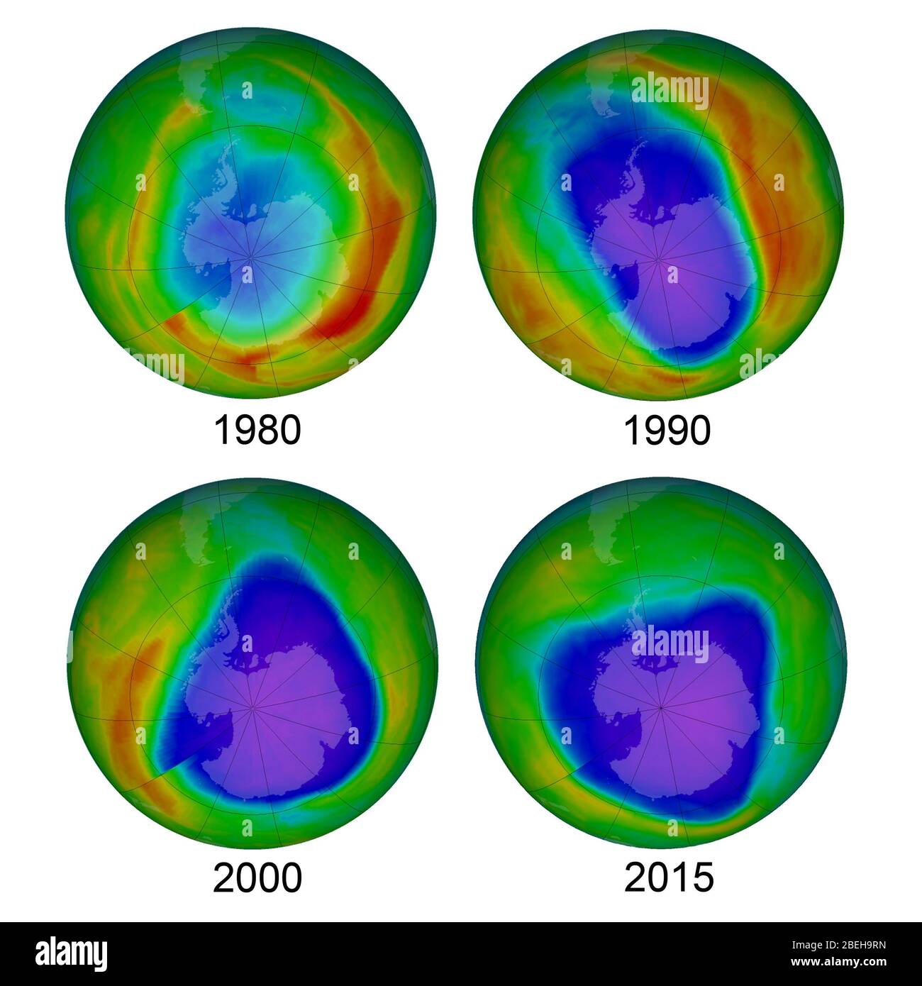 Trou d'ozone dans l'Antarctique, 1980, 1990, 2000 et 2015 Banque D'Images