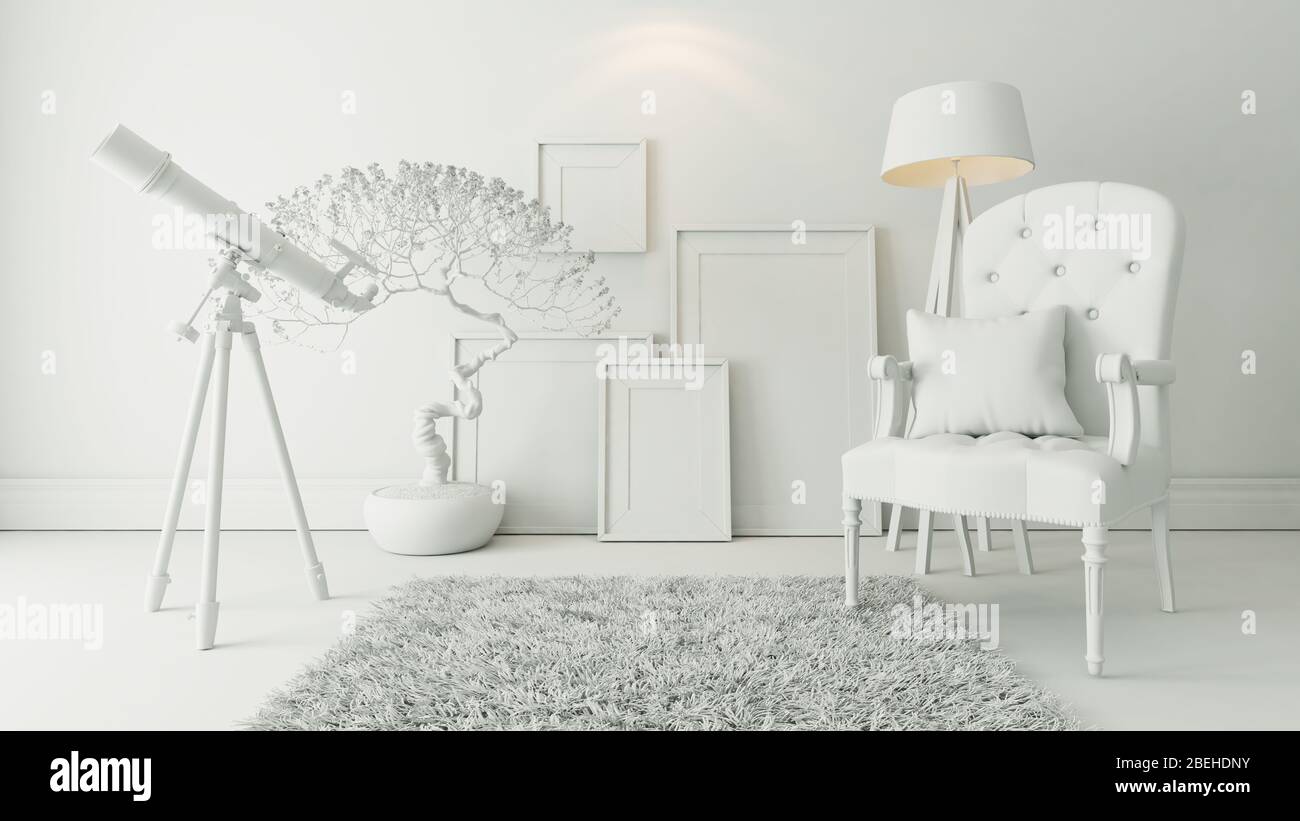 Cadres, bonsai, moquette, lamelle et télescope avec décor bergere et mur, fond, modèle de rendu tridimensionnel Banque D'Images
