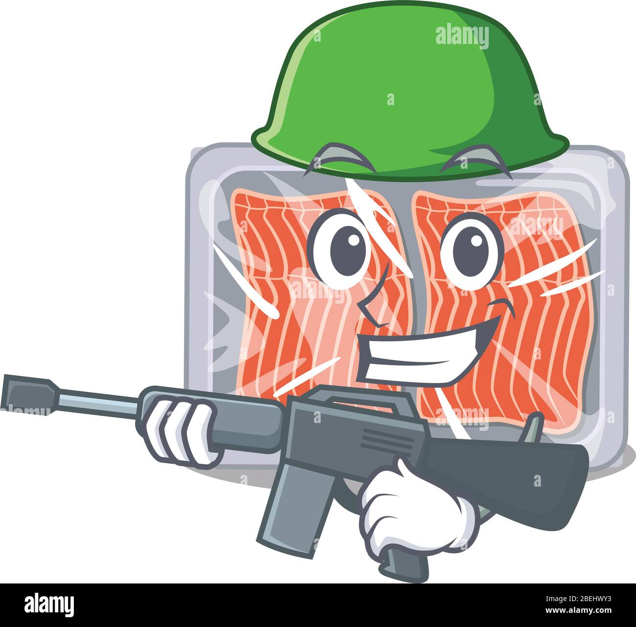 Une photo de dessin animé de saumon congelé dans le style de l'Armée avec mitrailleuse Illustration de Vecteur