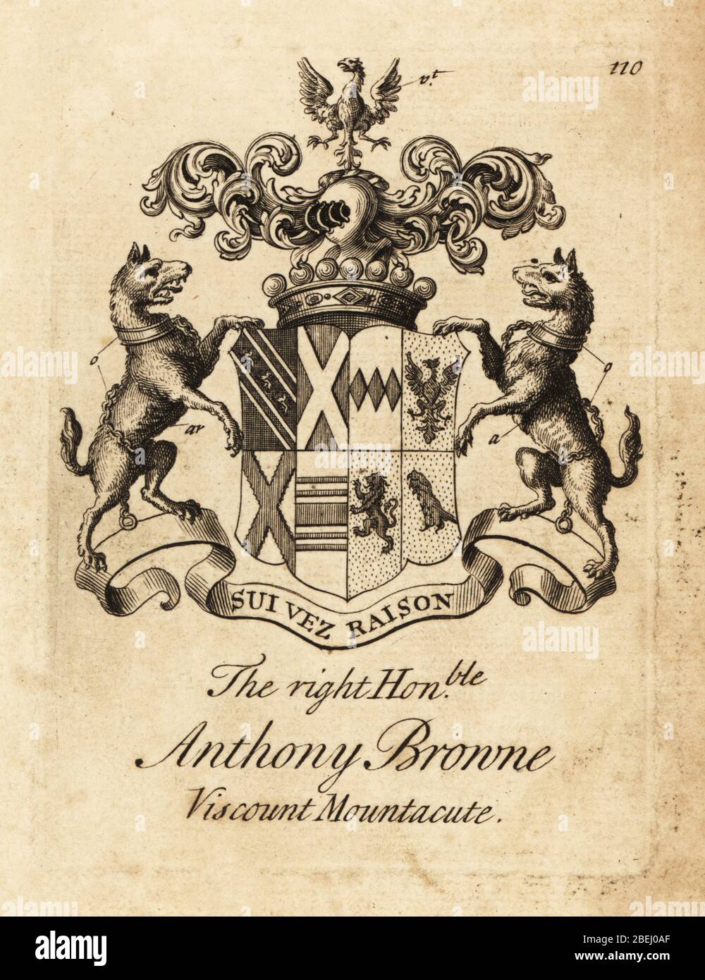 Armoiries du très honorable Anthony Browne, Viscount Mountacute ou Viscount Montagu. Gravure de Copperplate par Andrew Johnston après C. Gardiner de Notitia Anglicana, Shwing the Réalisations of all the English noblesse, Andrew Johnson, The Strand, Londres, 1724. Banque D'Images