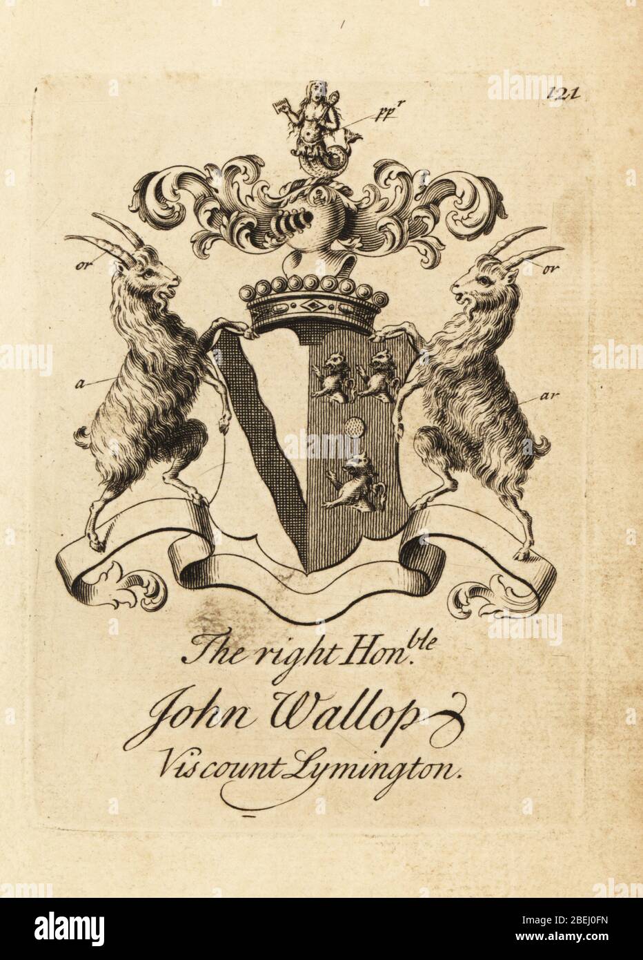 Armoiries du très honorable John Wallop, Viscount Lymington, 1718-1749. Gravure de Copperplate par Andrew Johnston après C. Gardiner de Notitia Anglicana, Shwing the Réalisations of all the English noblesse, Andrew Johnson, The Strand, Londres, 1724. Banque D'Images