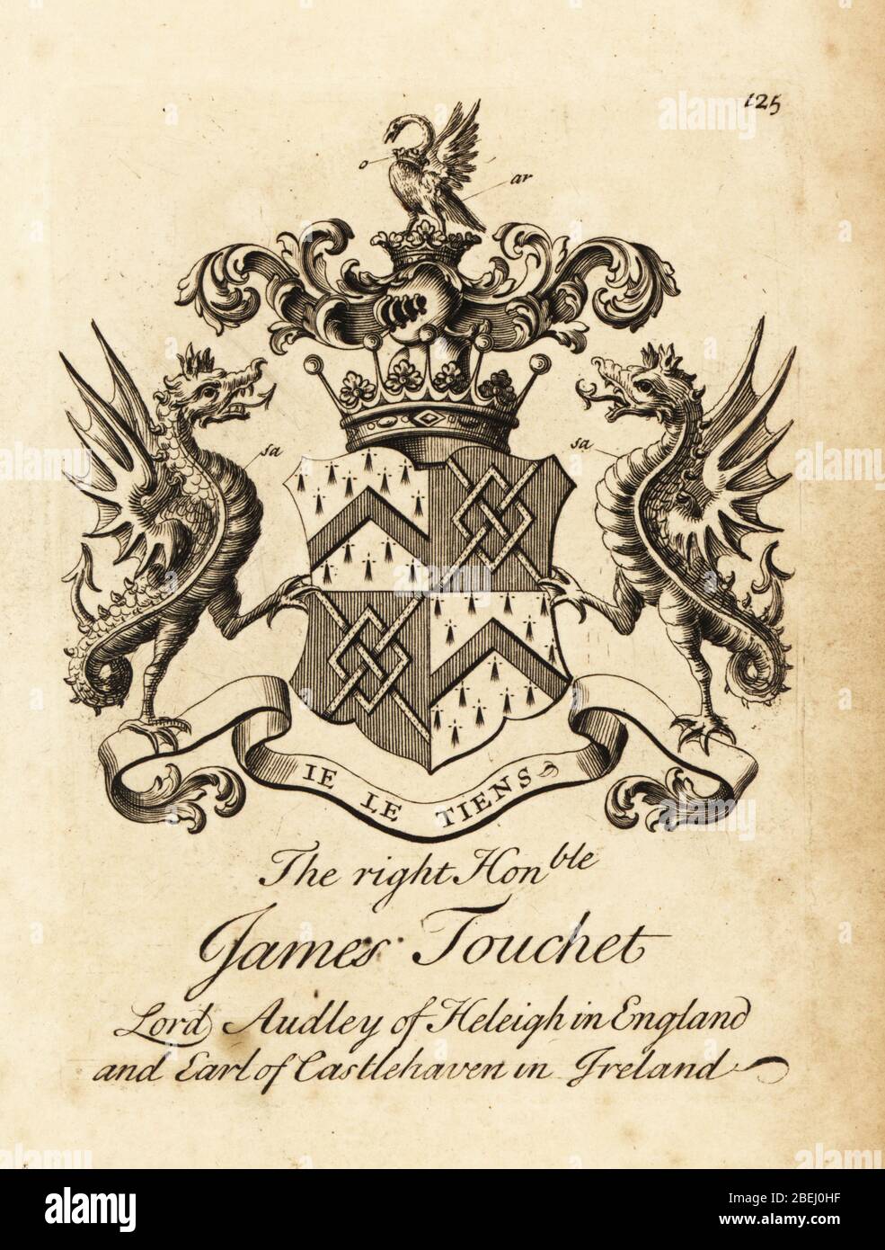 Armoiries du très honorable James Touchet, Lord Audley de Heleigh, en Angleterre, sixième comte de Castlehaven, en Irlande, est mort en 1740. Gravure de Copperplate par Andrew Johnston après C. Gardiner de Notitia Anglicana, Shwing the Réalisations of all the English noblesse, Andrew Johnson, The Strand, Londres, 1724. Banque D'Images