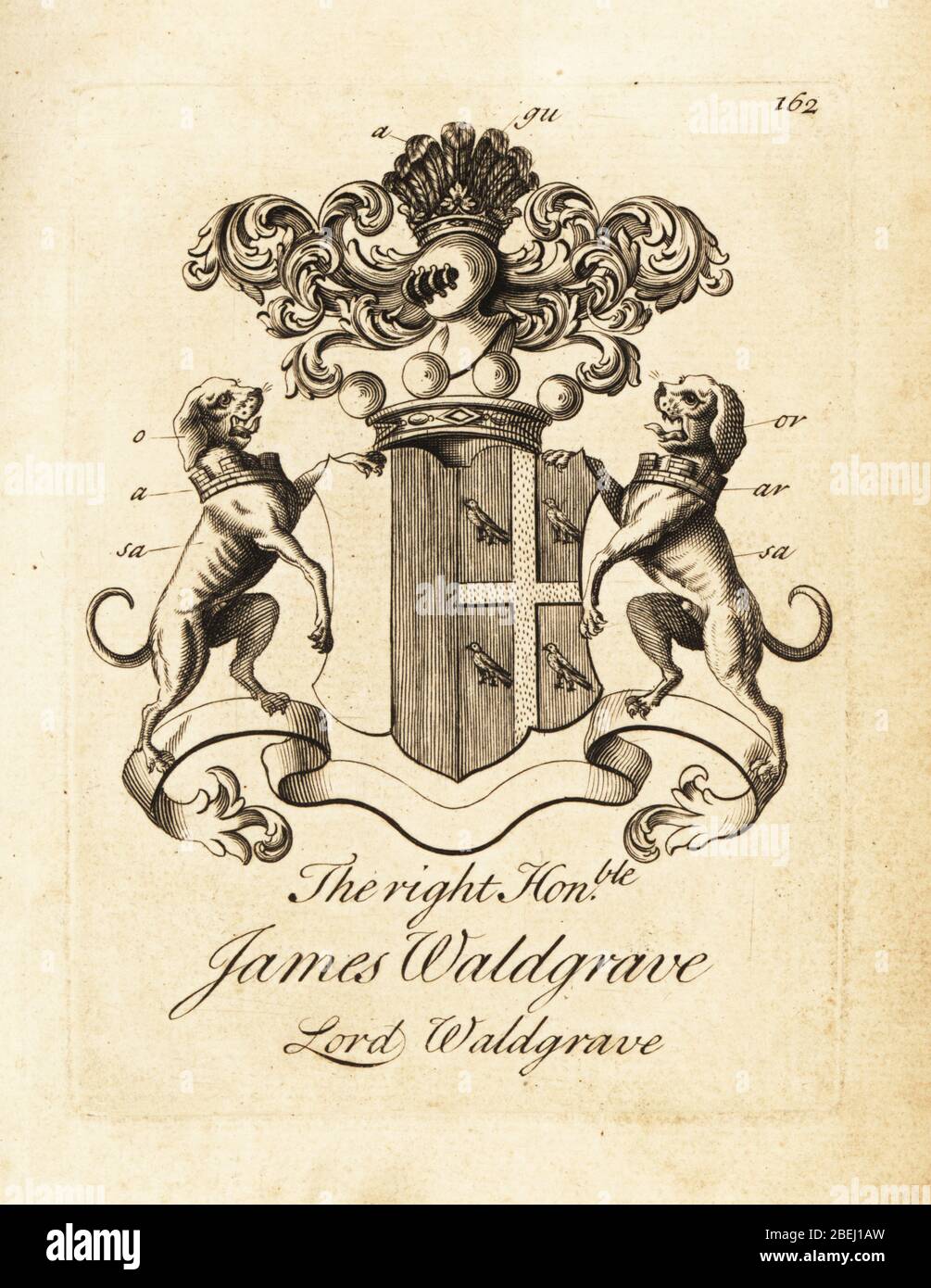 Armoiries du très honorable James Waldgrave, Lord Waldgrave. Gravure de Copperplate par Andrew Johnston après C. Gardiner de Notitia Anglicana, Shwing the Réalisations of all the English noblesse, Andrew Johnson, The Strand, Londres, 1724. Banque D'Images