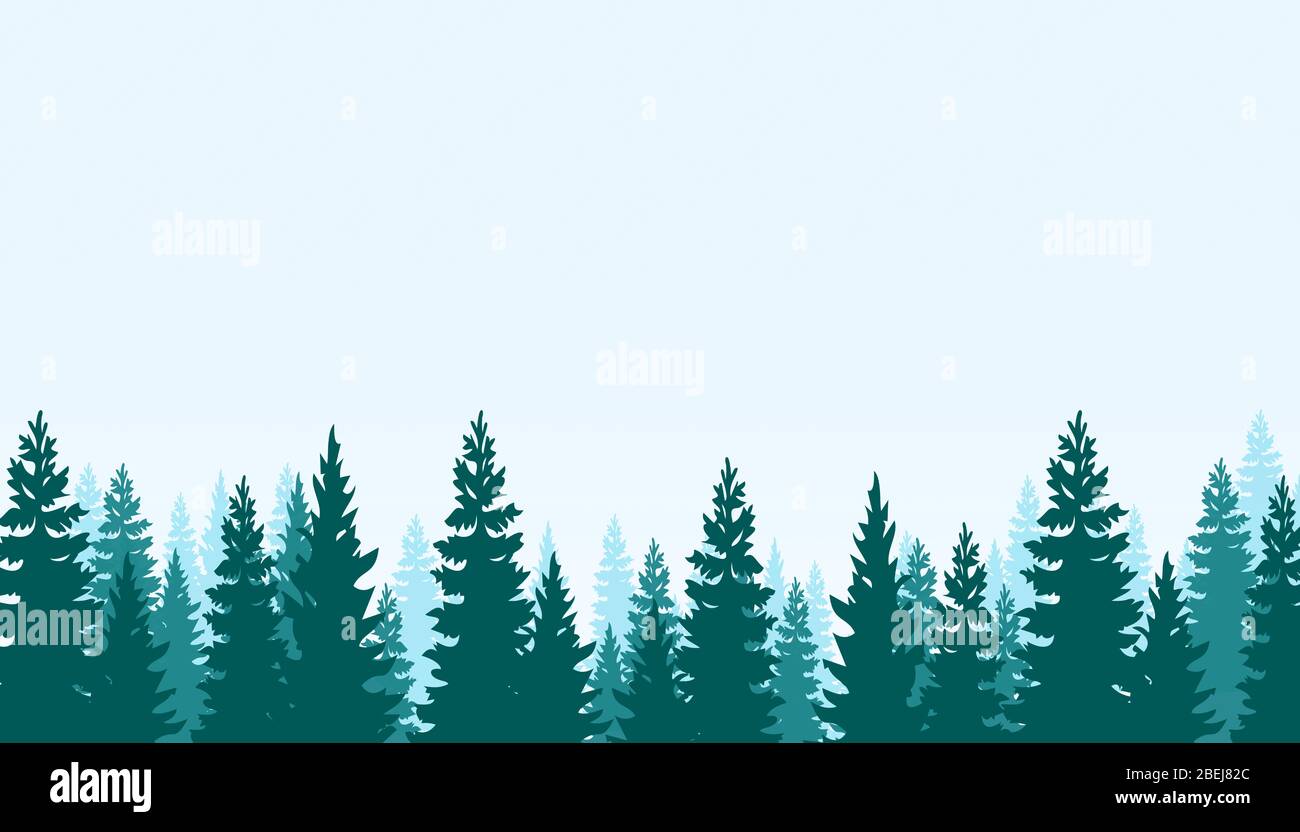 Illustration vectorielle réaliste d'une forêt de conifères sous le ciel bleu et espace pour le texte. Banque D'Images Illustration vectorielle réaliste d'une forêt de conifères sous le ciel bleu et espace pour le texte. Banque D'Images