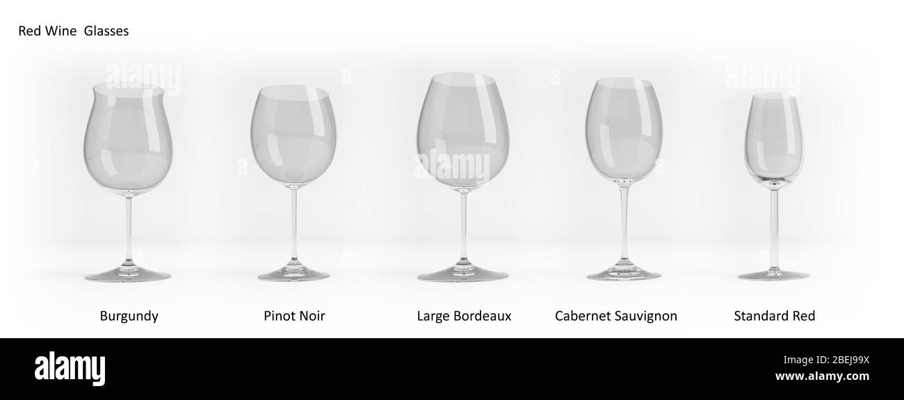 Types de verres à vin rouge. Ensemble de lunettes vides standard avec ombre douce debout sur fond blanc, illustration de rendu tridimensionnel Banque D'Images
