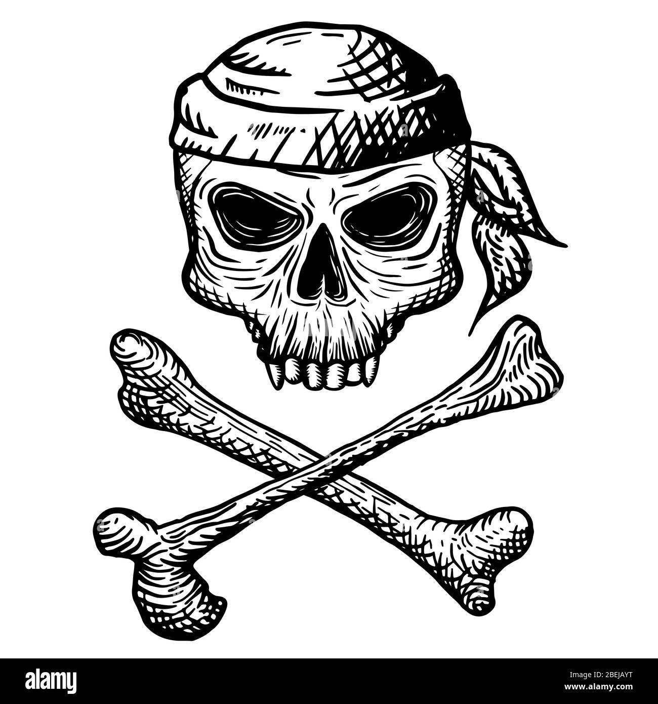 Crâne dessiné à la main d'un homme mort dans un bandana, avec des os croisés, sur un fond blanc. Illustration vectorielle. Illustration de Vecteur Crâne dessiné à la main d'un homme mort dans un bandana, avec des os croisés, sur un fond blanc. Illustration vectorielle. Illustration de Vecteur