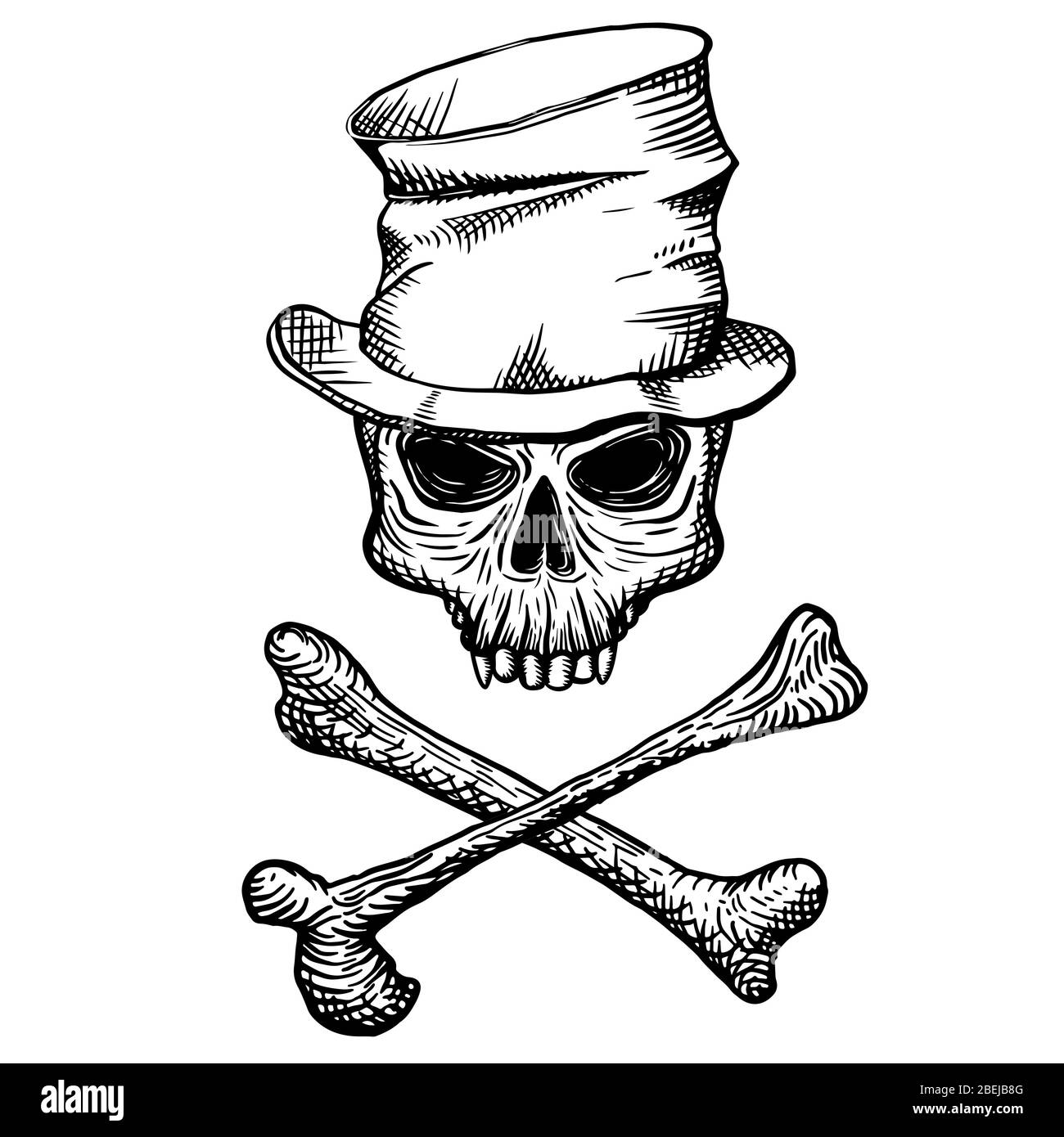 Crâne dessiné à la main d'un homme mort dans un chapeau de tête froissé, avec des os croisés, sur un fond blanc. Illustration vectorielle. Illustration de Vecteur Crâne dessiné à la main d'un homme mort dans un chapeau de tête froissé, avec des os croisés, sur un fond blanc. Illustration vectorielle. Illustration de Vecteur