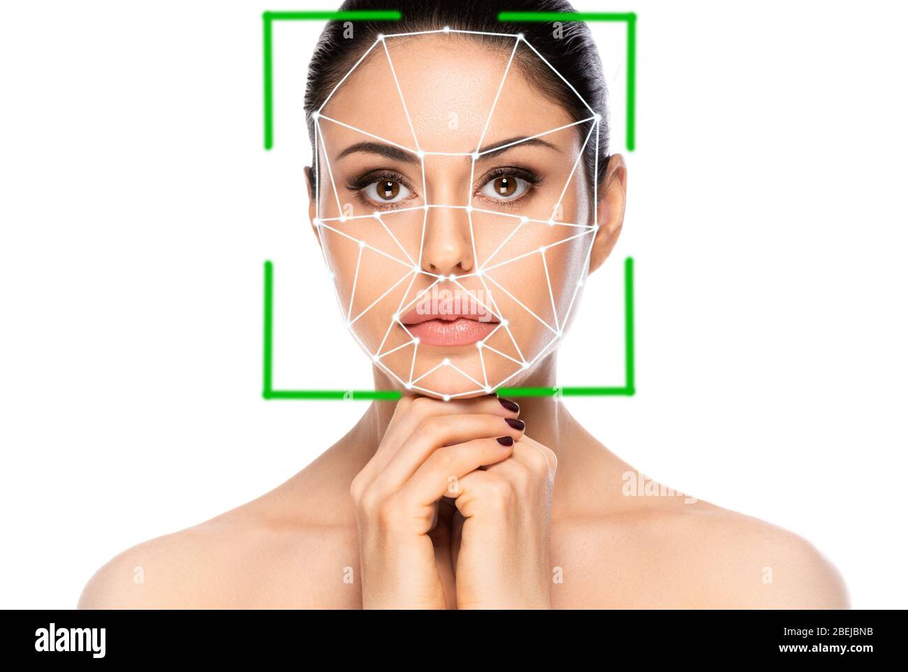 Concept d'authentification biométrique. Système de reconnaissance faciale de belle femme sur fond blanc Banque D'Images
