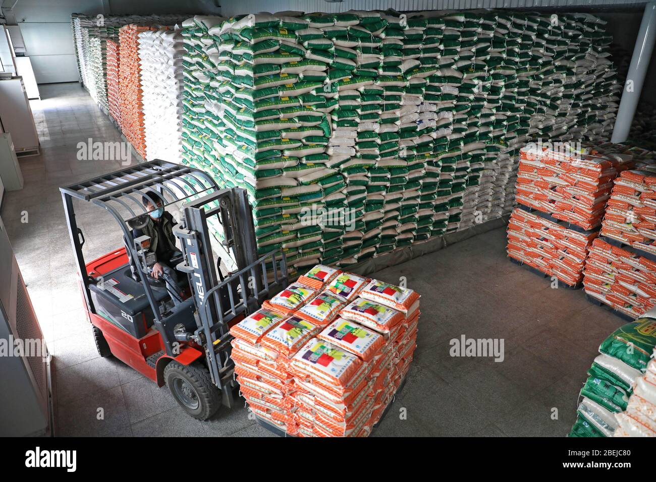 Anshan, la province chinoise de Liaoning. 13 avril 2020. Un travailleur transporte des sacs de riz dans un entrepôt d'Anshan, dans la province de Liaoning, dans le nord-est de la Chine, le 13 avril 2020. Les entreprises céréalières de taille supérieure à la taille désignée dans la ville d'Anshan ont complètement repris la production et augmenté les réserves céréalières. Crédit: Yao JIANFENG/Xinhua/Alay Live News Banque D'Images