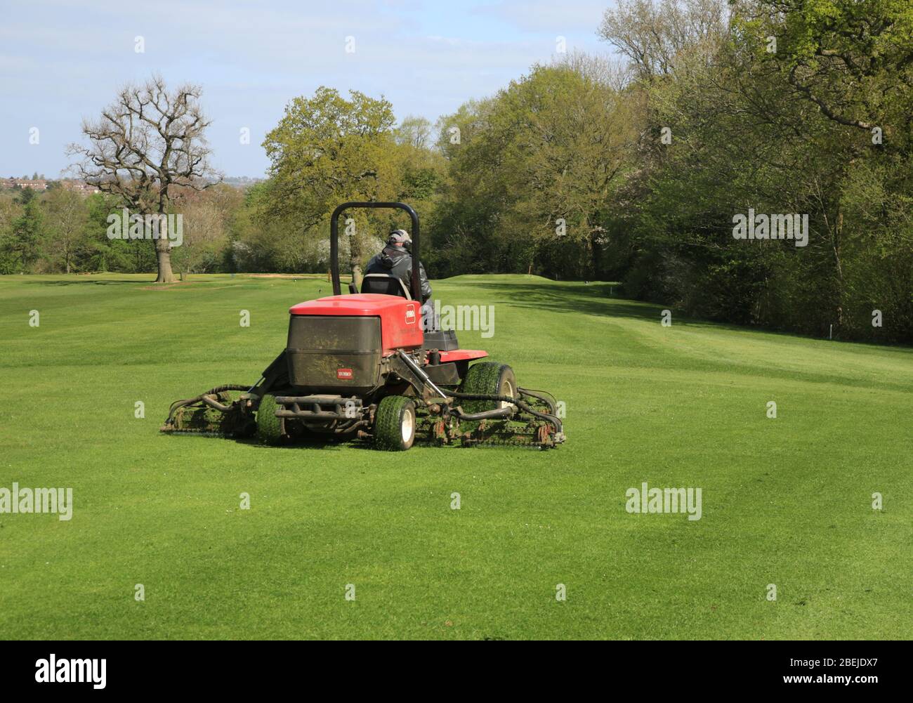 Fauchage d'un fairway au parcours de golf Hagley, West midlands, Angleterre, Royaume-Uni. Banque D'Images