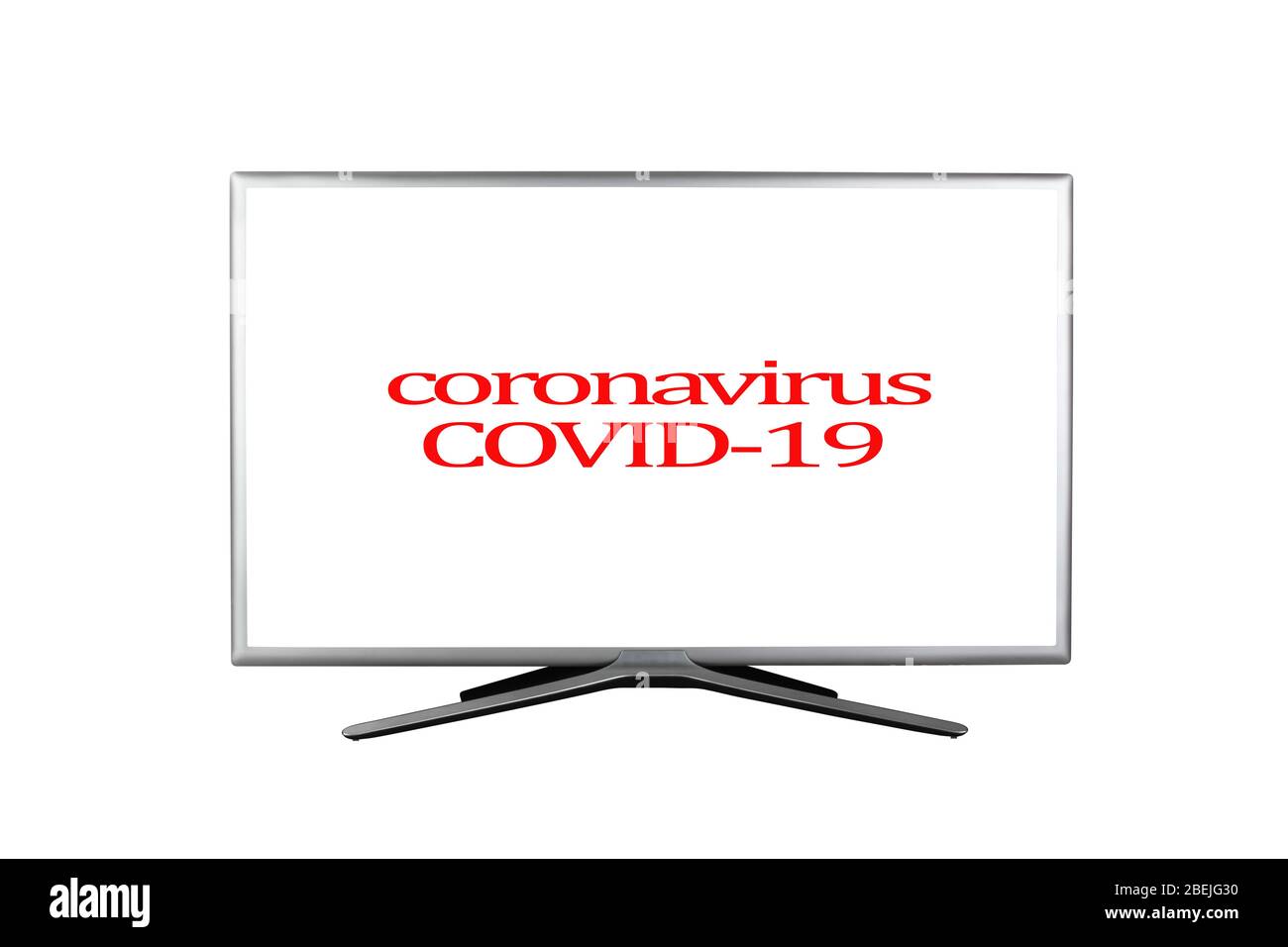 Titre rouge vif avec inscription Coronavirus COVID-19 sur un écran de télévision blanc isolé sur un fond blanc, notification de concept dans les médias et o Banque D'Images