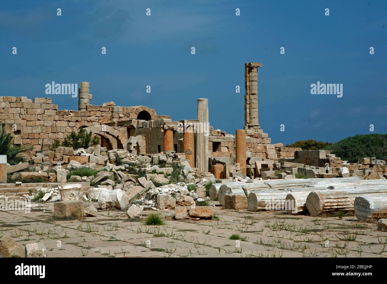 Ruines de l'ancienne ville romaine de Leptis Magna, en Libye Banque D'Images