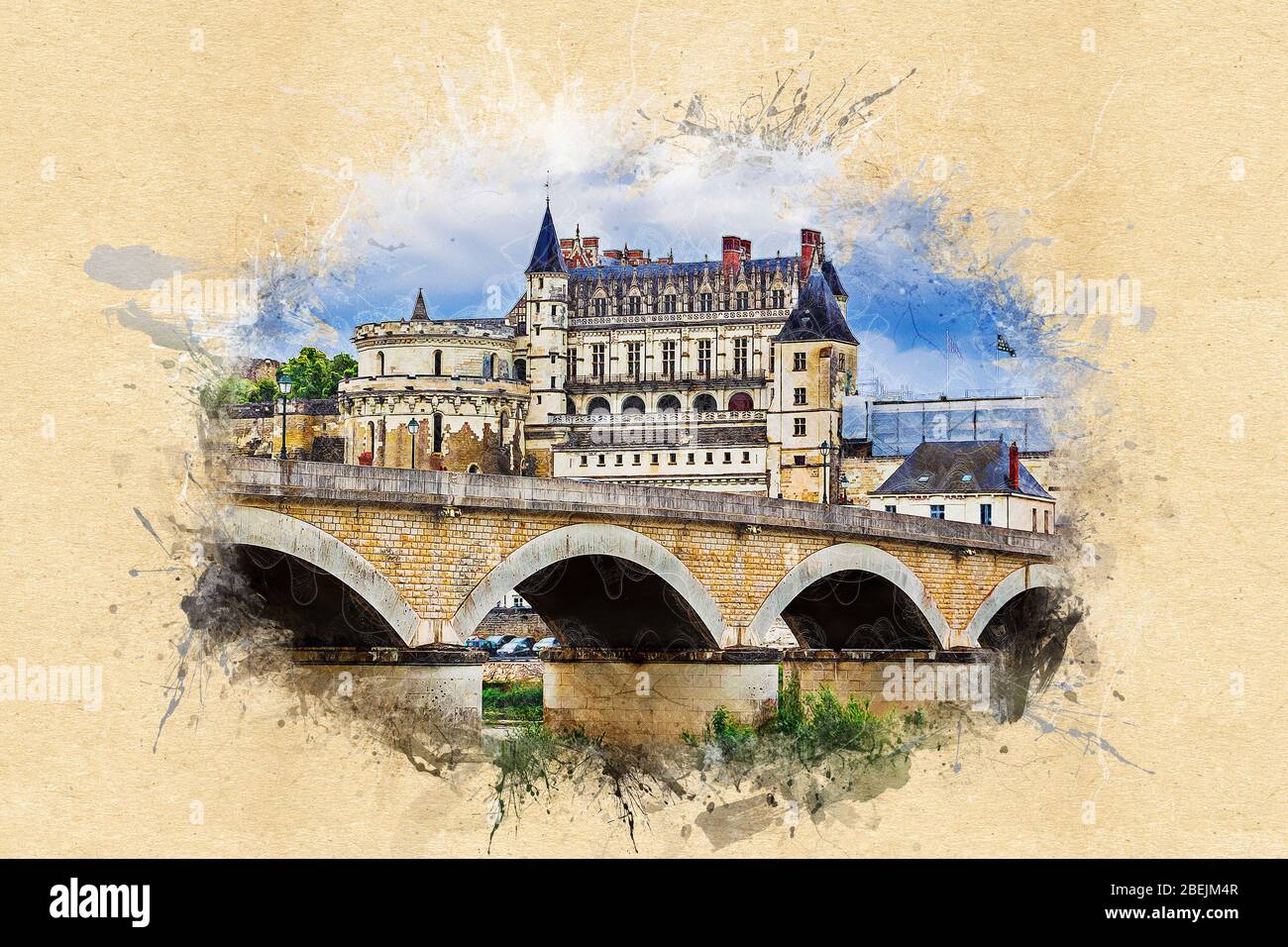 Château d'Amboise dans la vallée de la Loire, région de Touraine, France - série d'illustrations de style peint d'époque Banque D'Images