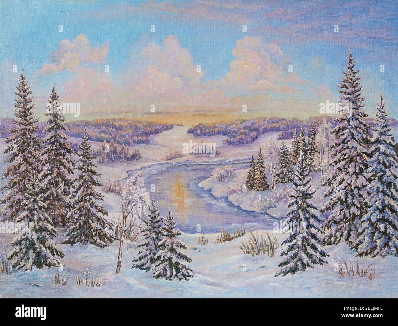 Paysage d'hiver avec arbres dans la neige sur une toile. Peinture à l'huile d'origine. Peinture de l auteur. Banque D'Images